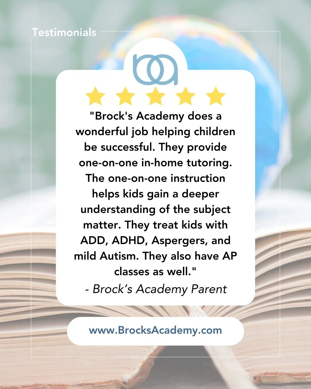 #TestimonialTuesday
Thank you so much for your review!🌟

"Brock's Academy does a wonderful job helping children be successful. They provide one-on-one in-home tutoring. The one-on-one instruction helps kids gain a deeper understanding of the su