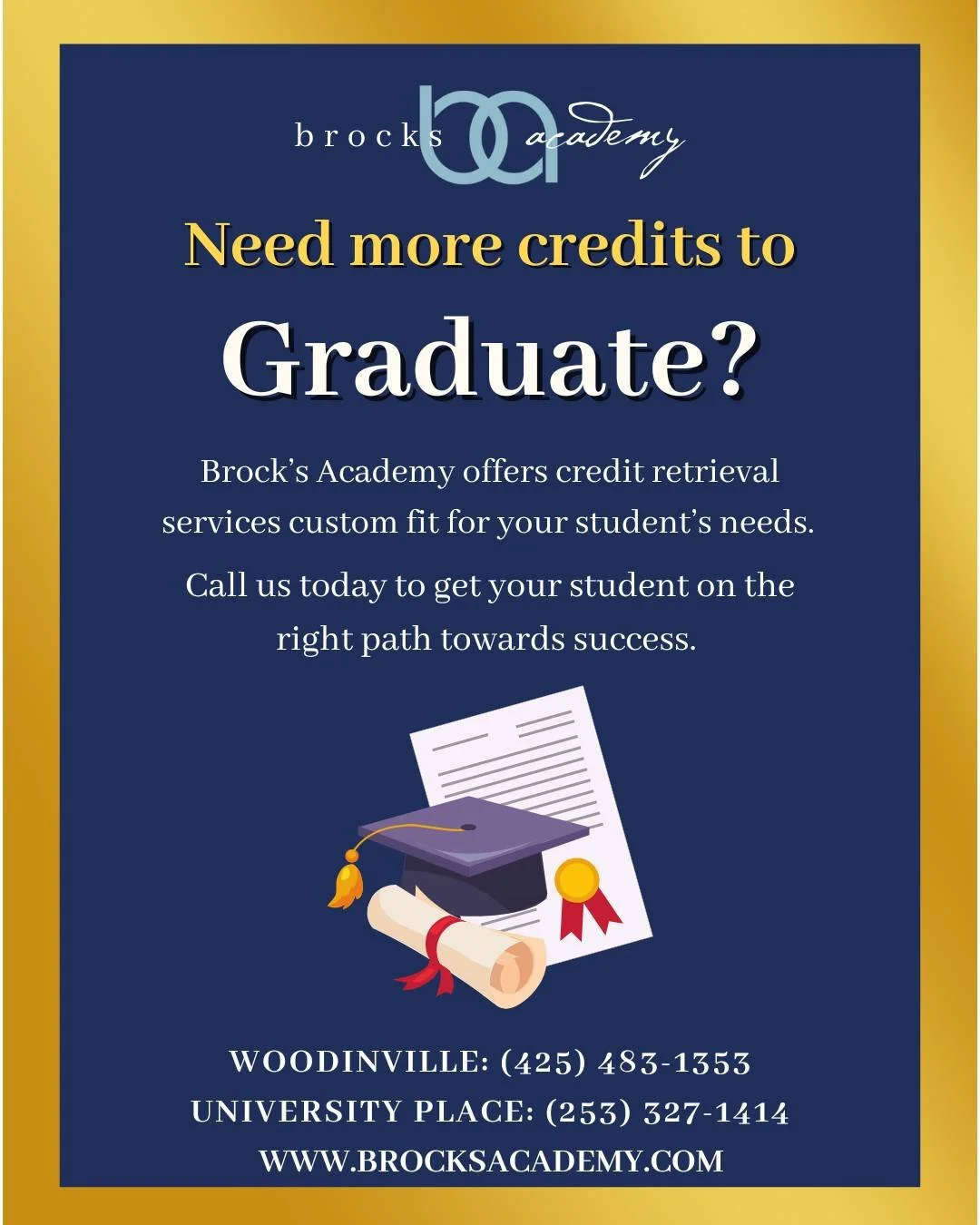 Need more credits to graduate?

Brock&rsquo;s Academy offers personalized credit retrieval services tailored to meet the unique needs of every student.

✔️ Personalized K&ndash;12 Designer Education
✔️ Dual Enrollment Opportunities :  Earn credits wi