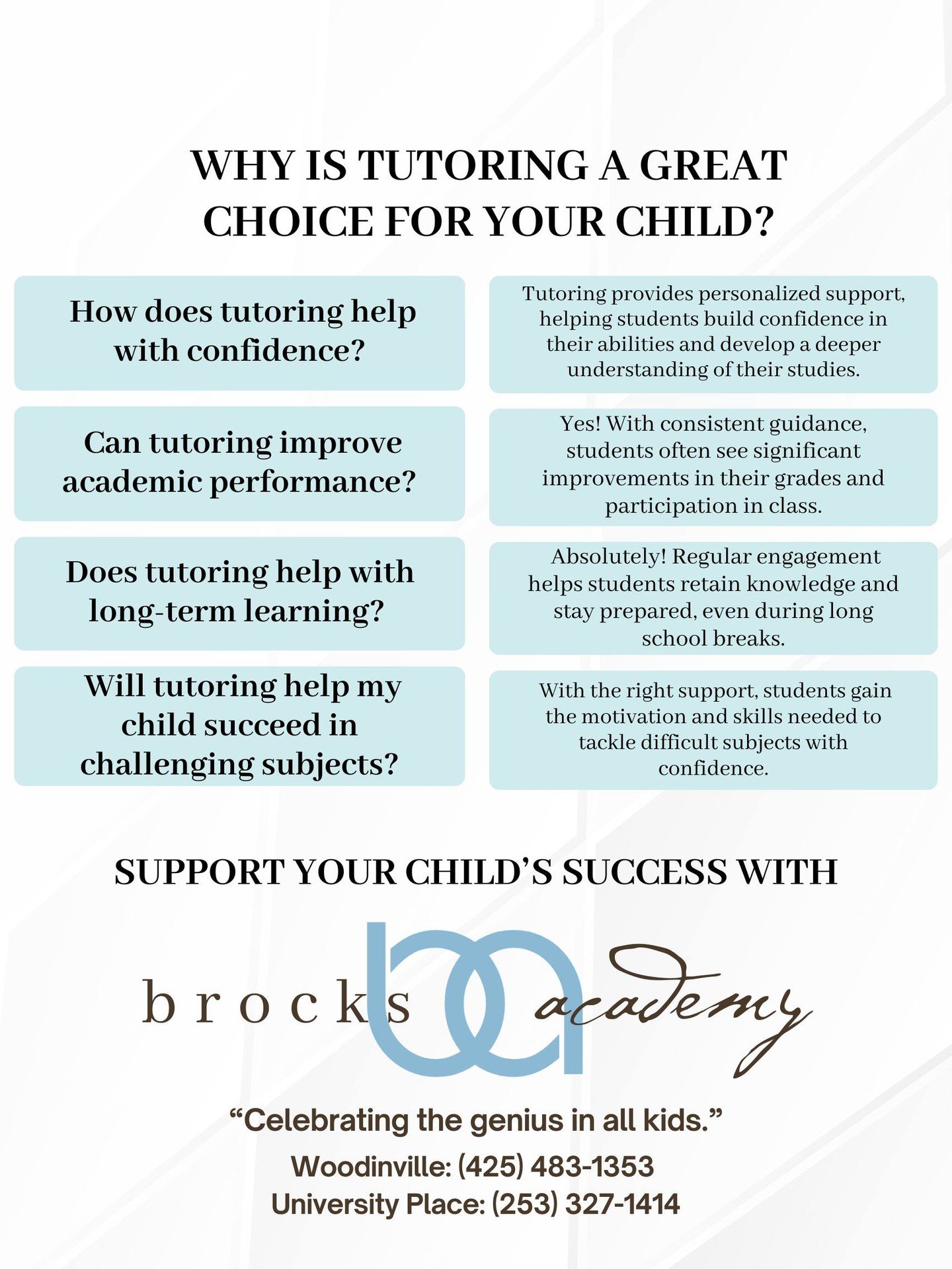 Looking for a top-notch education experience for your child? 📚 Look no further than Brock's Academy! 

What we offer: 

✔️ Personalized K&ndash;12 Designer Education
✔️ Dual Enrollment Opportunities: Earn credits with us while continuing at your cur