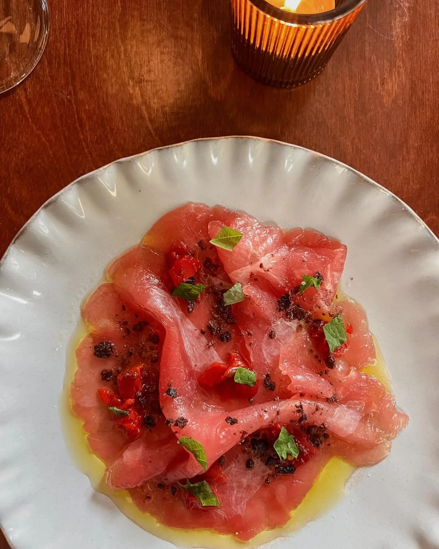 She&rsquo;s back! Raw tuna, blistered piquillo peppers, black olive and shiso.