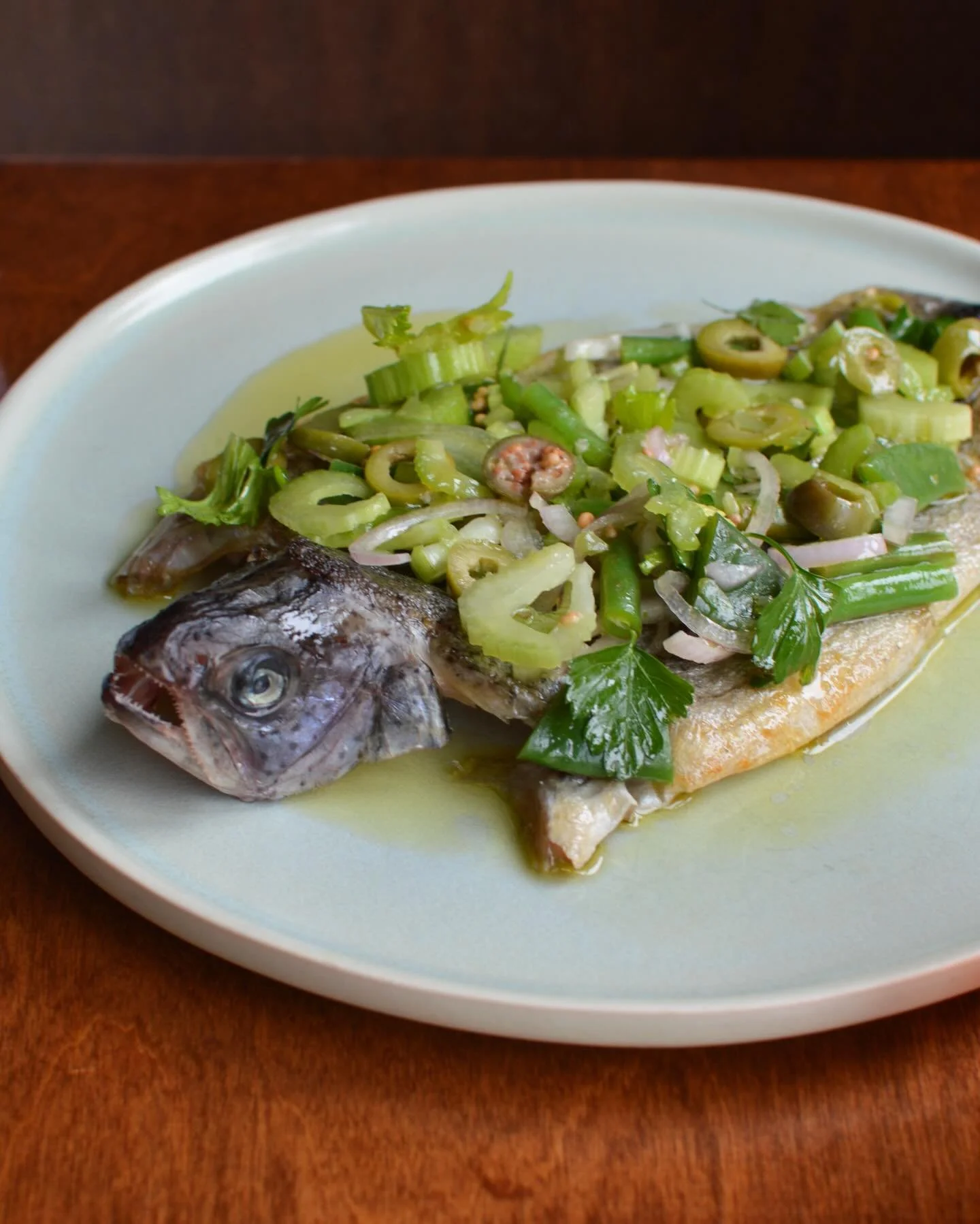 Carolina mountain trout, with garden beans, green olive and celery.