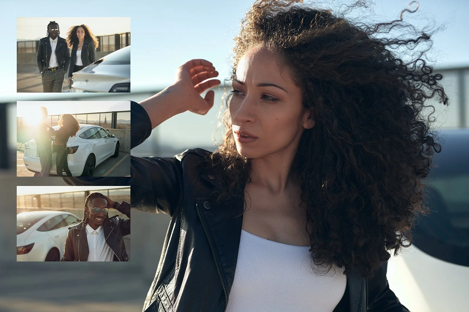 A young woman with curly hair adjusts her hair while standing near a parked white car on a rooftop parking lot. There are three smaller inset photos showing her and another person beside the same car, with sunlight in the background.