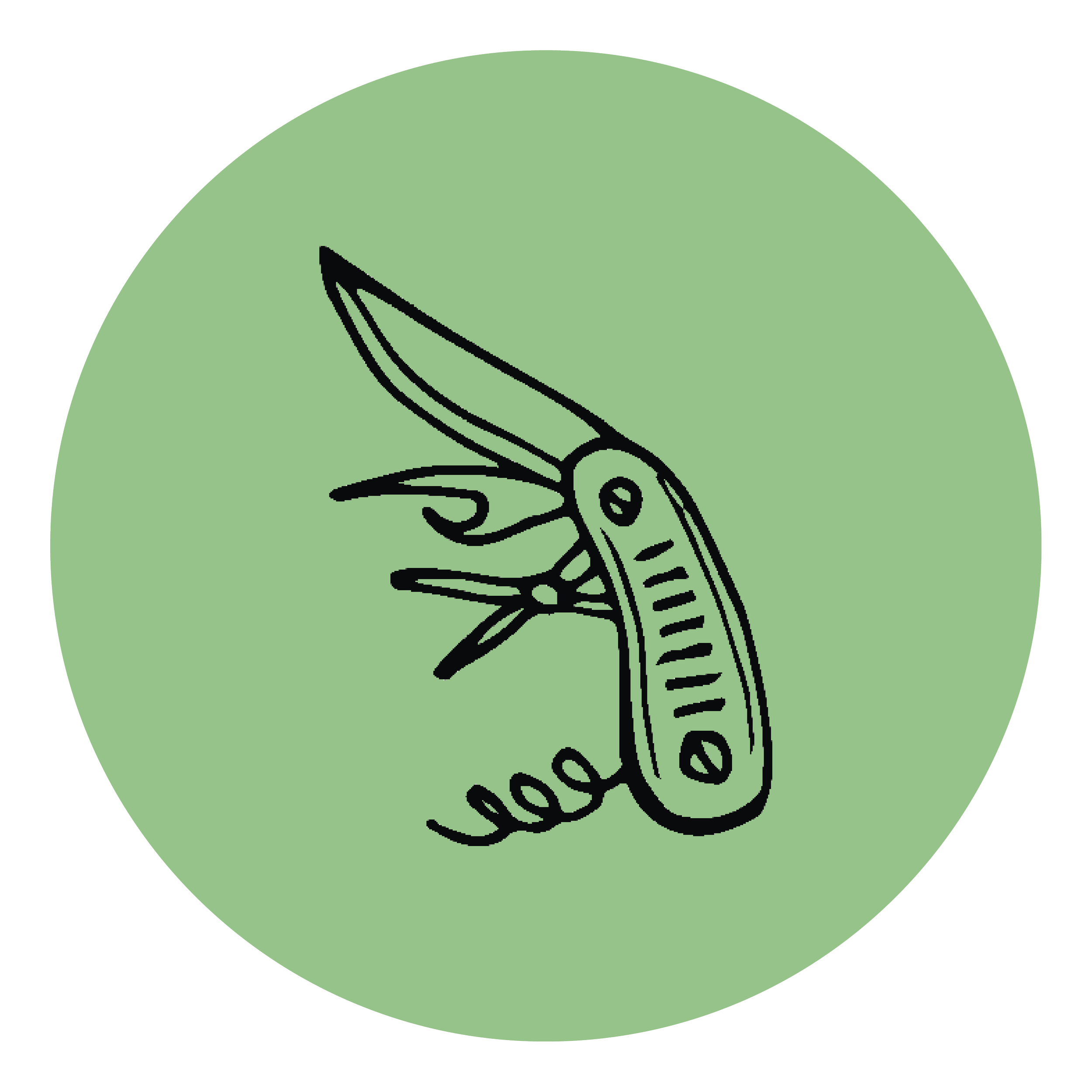 Line drawing of a Swiss Army knife with multiple open tools on a green circular background.