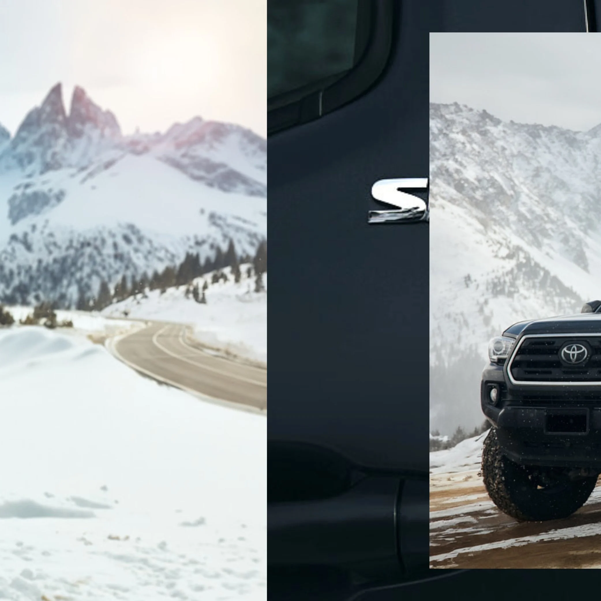 Collage of snow-covered mountain landscape and a black Toyota pickup truck on a snowy road.