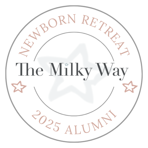 A circular logo with the text 'Newborn Retreat,' 'The Milky Way,' and '2025 Alumni.' The logo features a faint star in the background and two small star icons on either side of 'The Milky Way.'