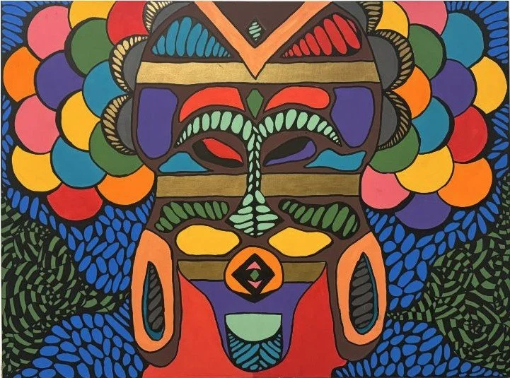 Colorful abstract tribal mask design with vibrant colors and intricate patterns.