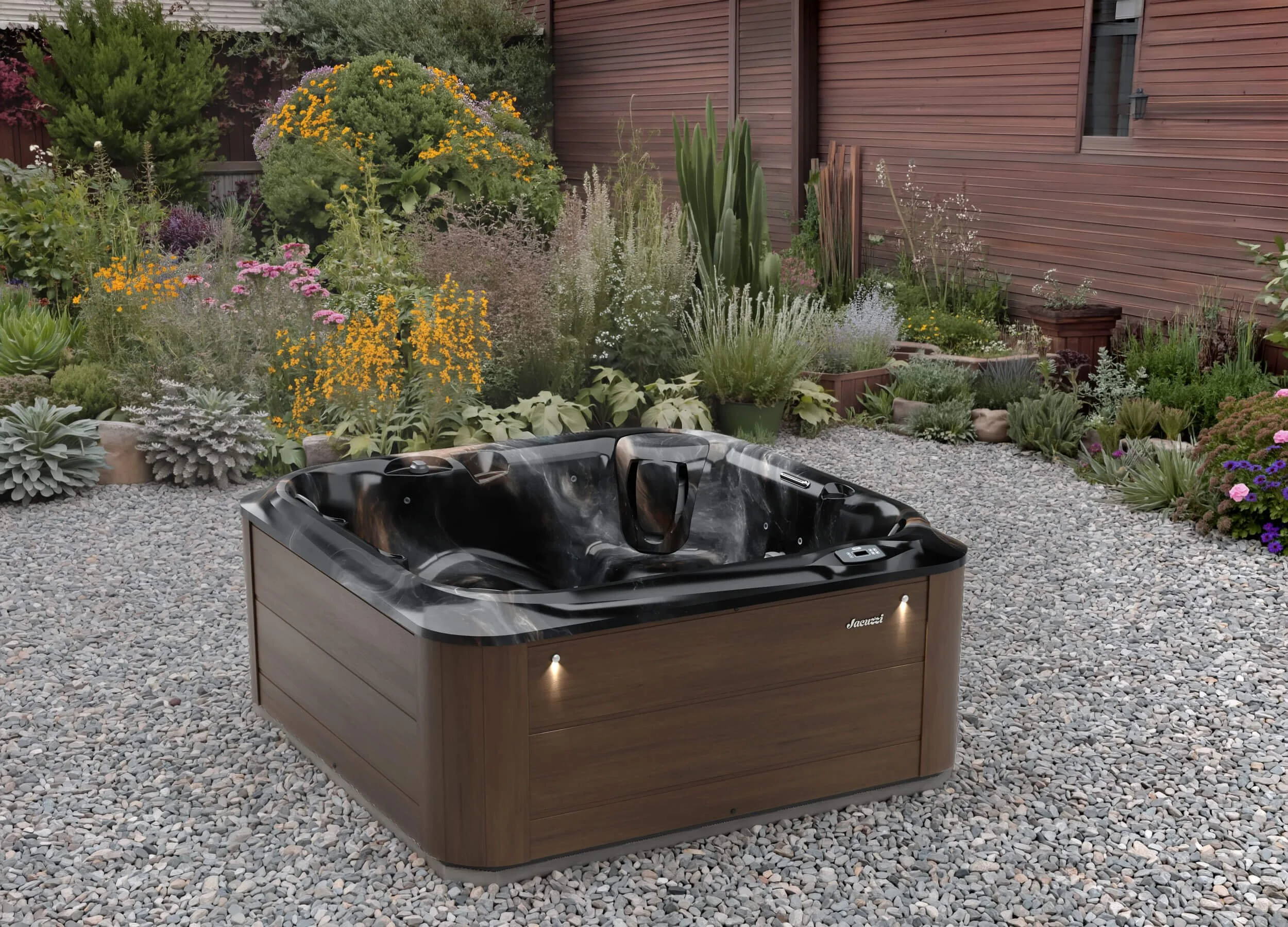 Jacuzzi® J-235 Hot Tub on a gravel patio area in a residential backyard garden setting