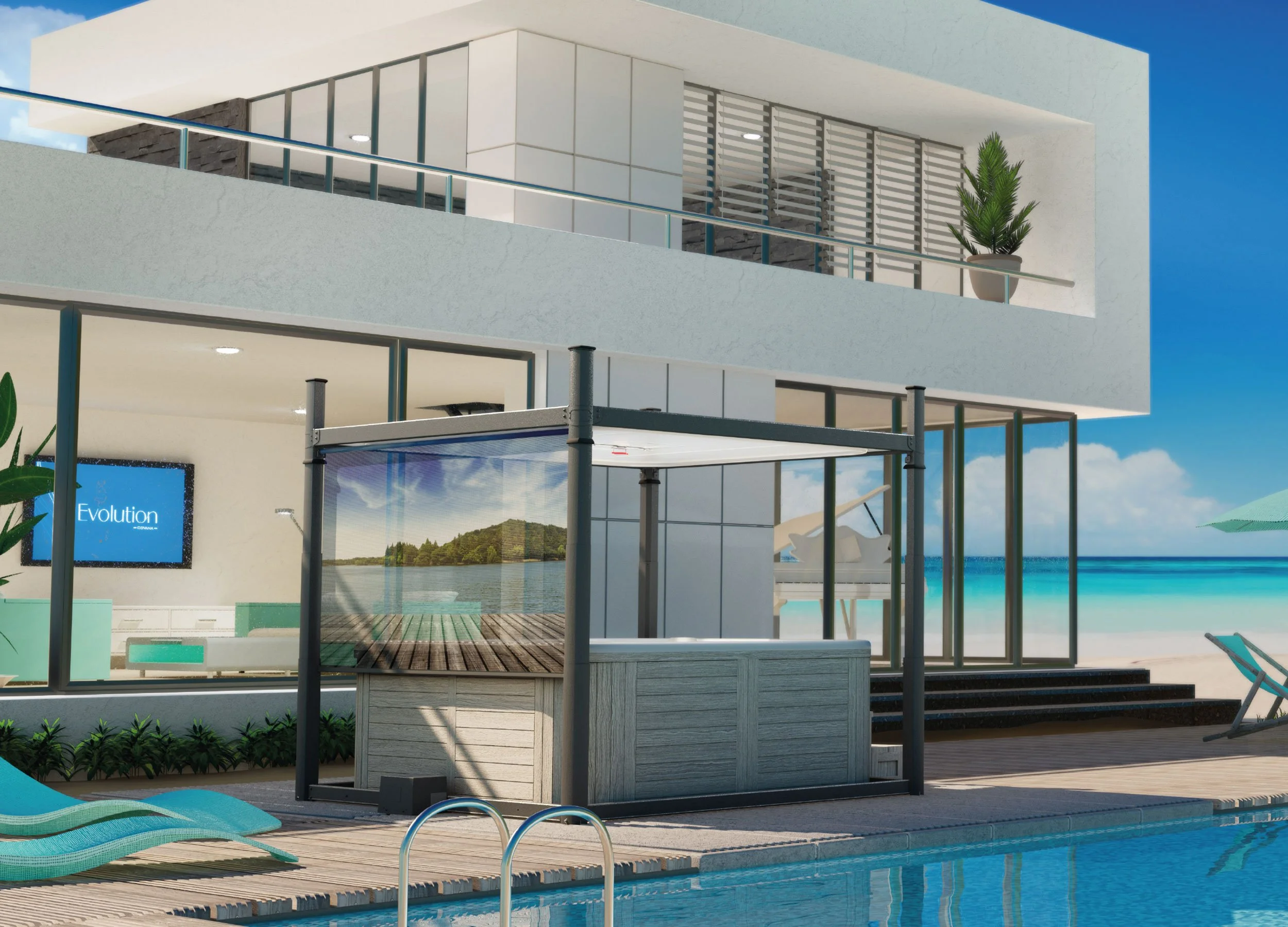 Product Image: Covana Evolution Spa Cover at an oceanview modern residence with pool and beach views.