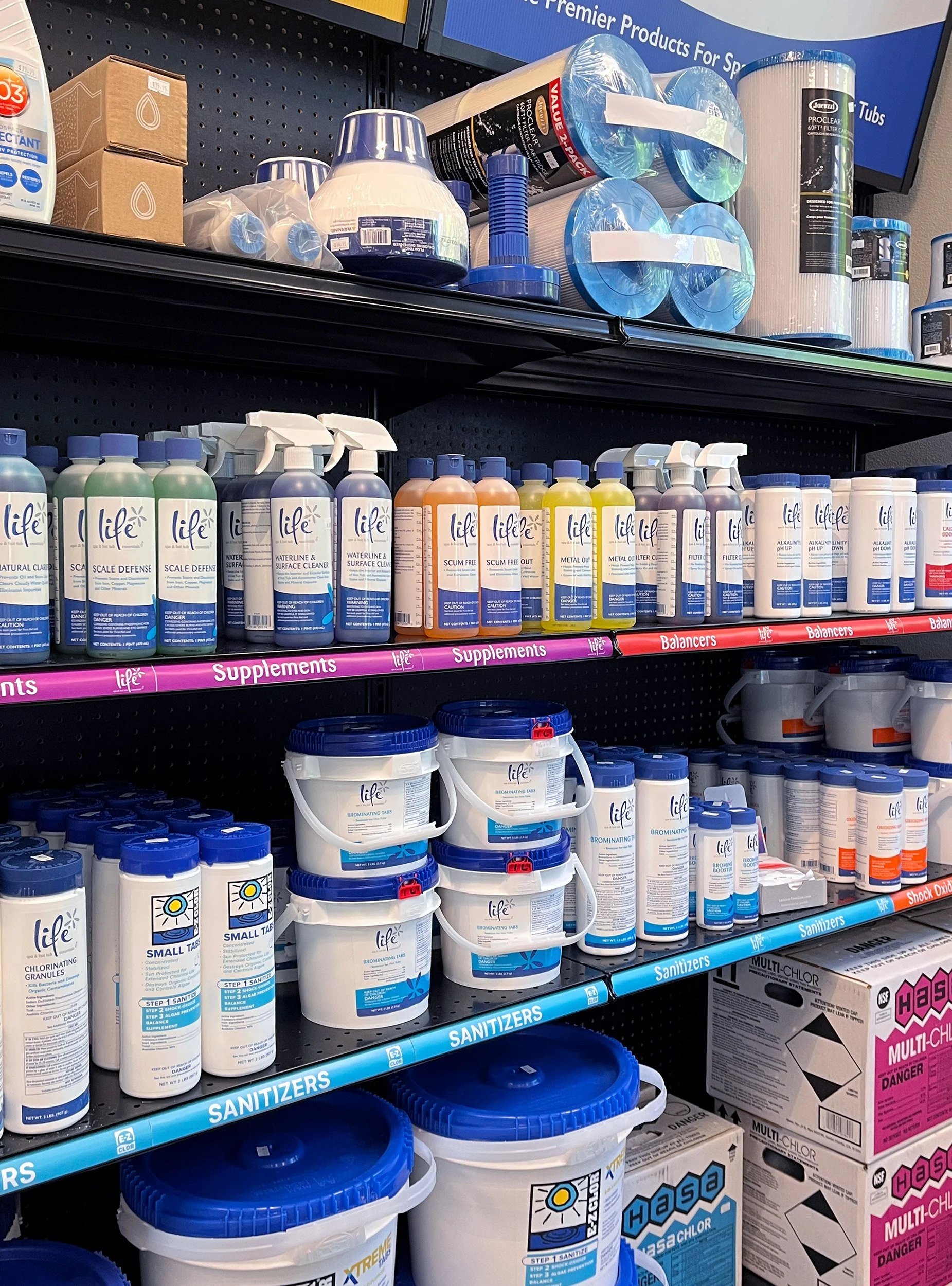 Photo of a chemical display inside the Johnson Pool & Spa showroom in Windsor CA.
