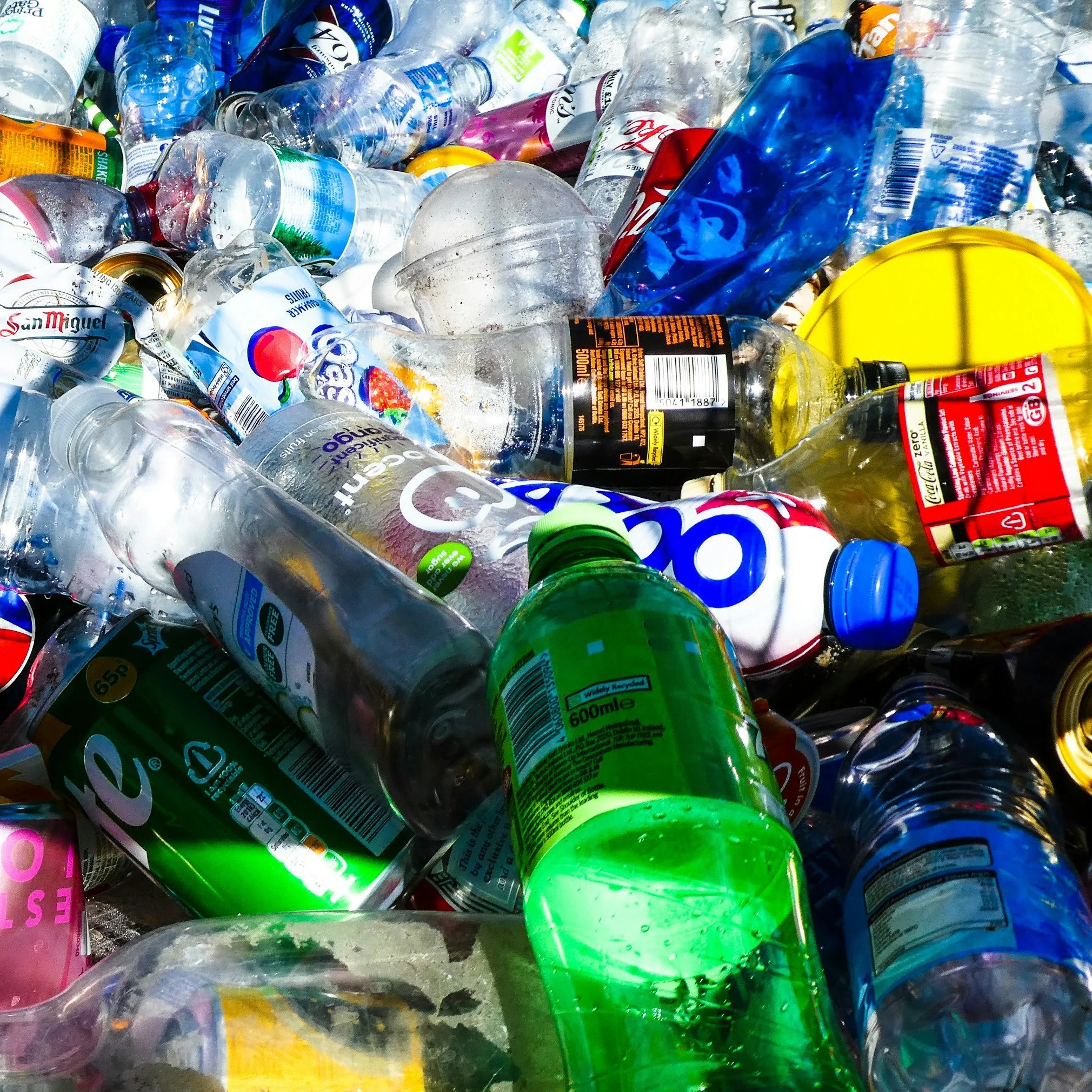 Variety of colorful empty plastic bottles