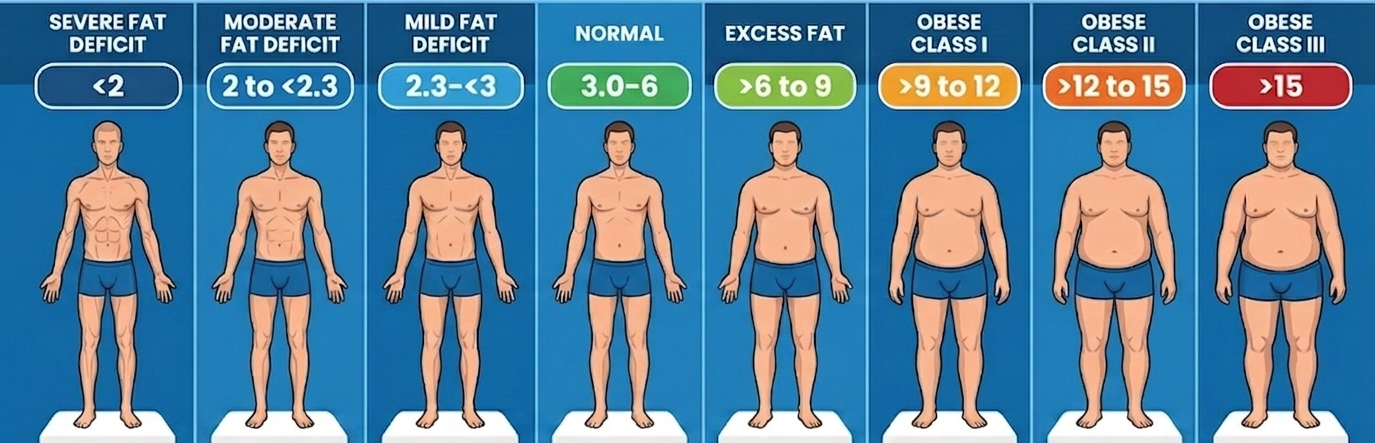 An educational reference chart showing Fat Mass Index (FMI) classifications, ranging from low fat mass to superior high fat mass for men