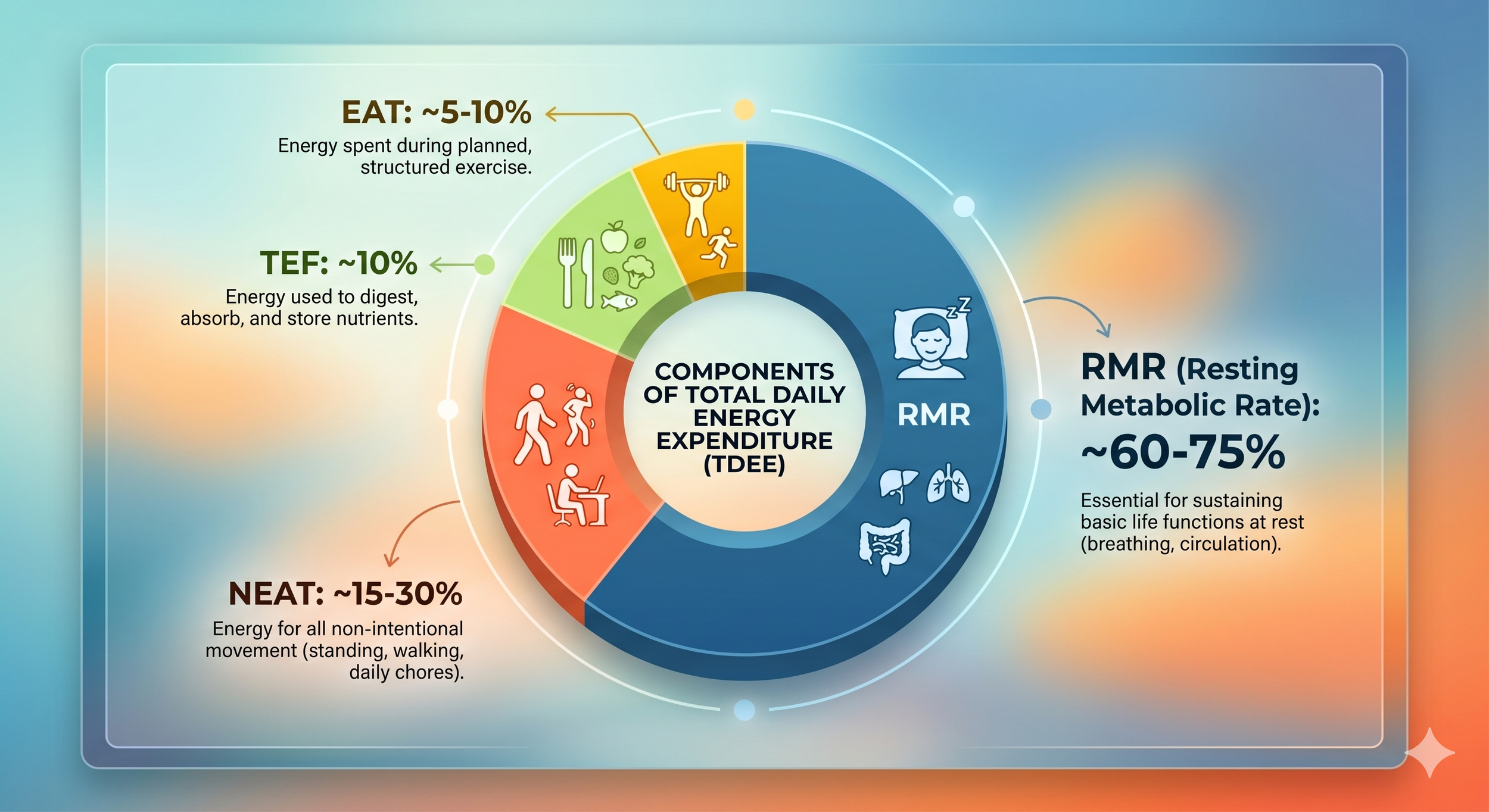 An educational chart breaking down Total Daily Energy Expenditure (TDEE) into its four core components: Resting Metabolic Rate (RMR), Non-exercise Activity Thermogenesis (NEAT), Exercise Activity Thermogenesis (EAT), and the Thermic Effect of Food.