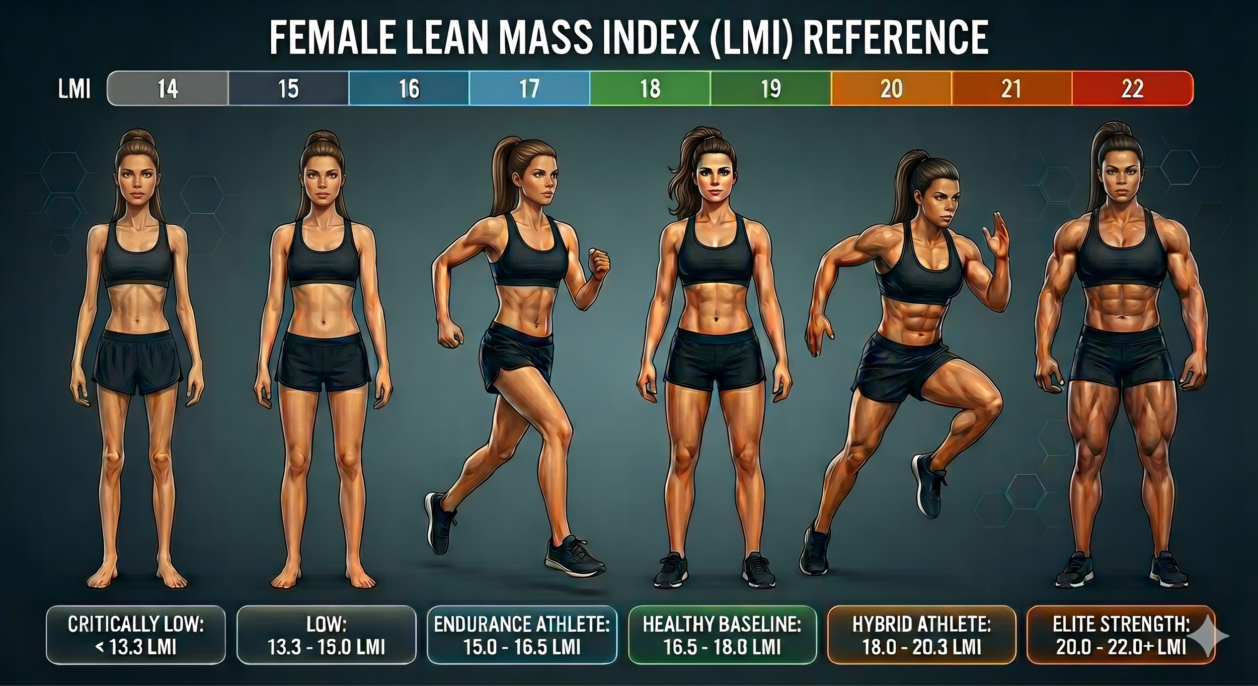 An educational reference chart showing Lean Mass Index (LMI) and Fat-Free Mass Index (FFMI) classifications, ranging from low muscle mass to superior athletic percentiles for women.