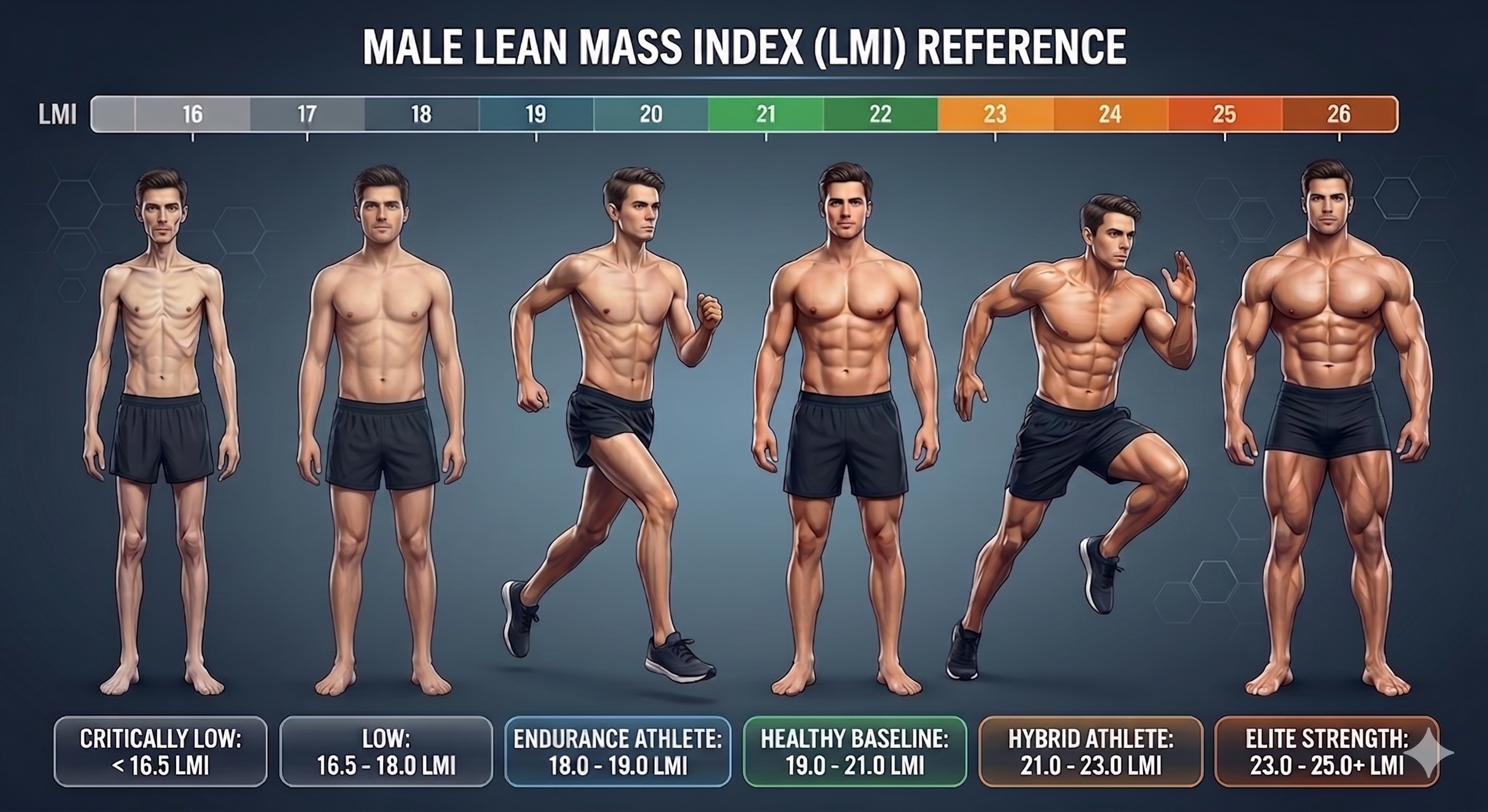 An educational reference chart showing Lean Mass Index (LMI) and Fat-Free Mass Index (FFMI) classifications, ranging from low muscle mass to superior athletic percentiles for men.