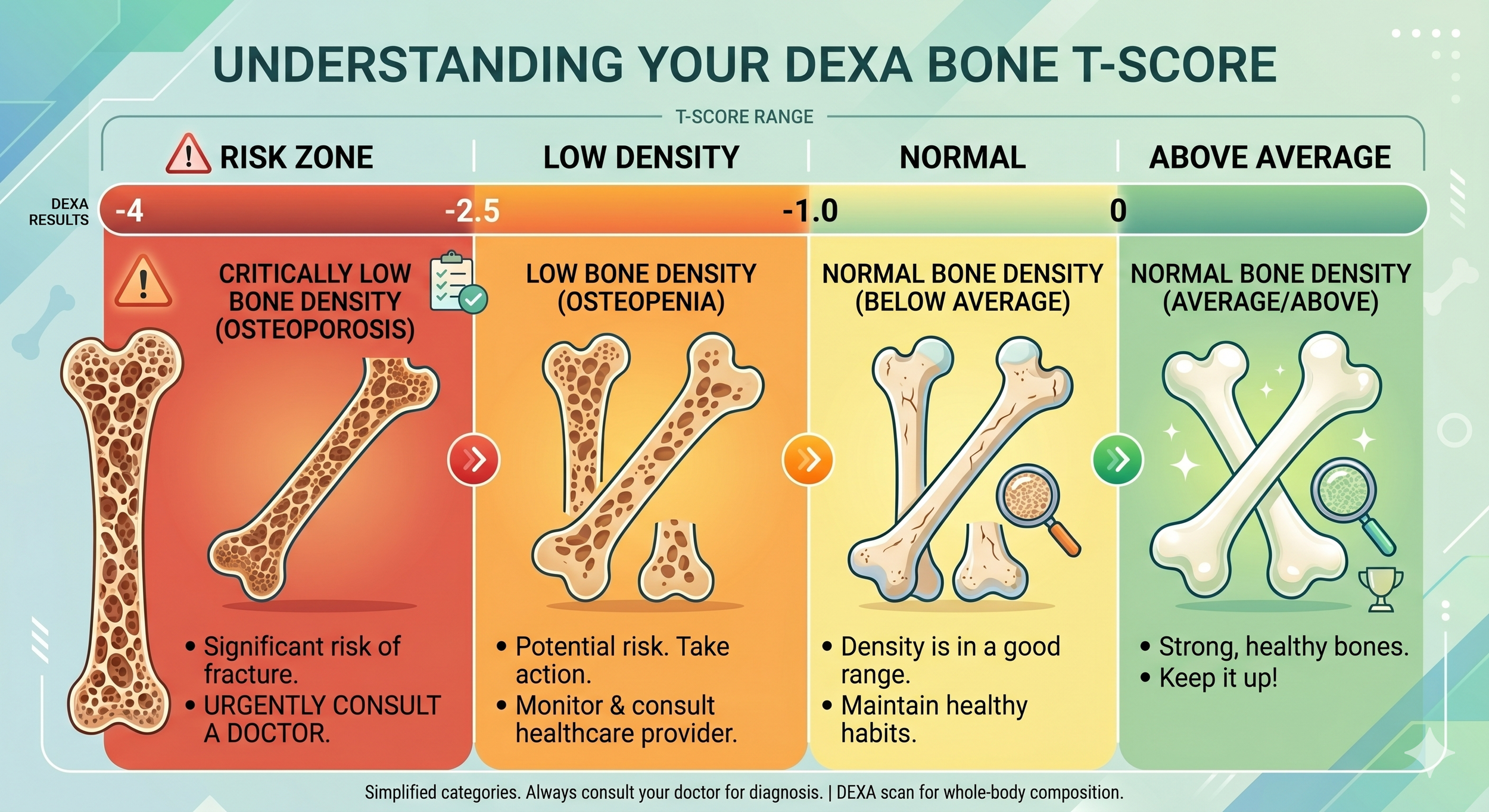 An educational chart showing bone density T-score ranges, spanning from high risk osteoporosis and osteopenia to normal and above average bone mineral density levels.