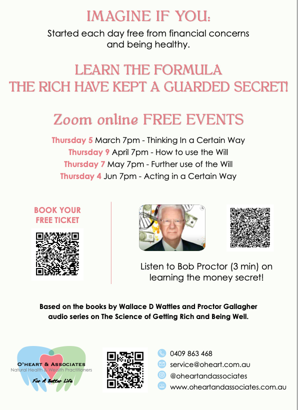 Flyer promoting free online events about financial health and wealth secrets, including session dates and times, with QR codes for tickets and info, hosted by O'Heart & Associates.