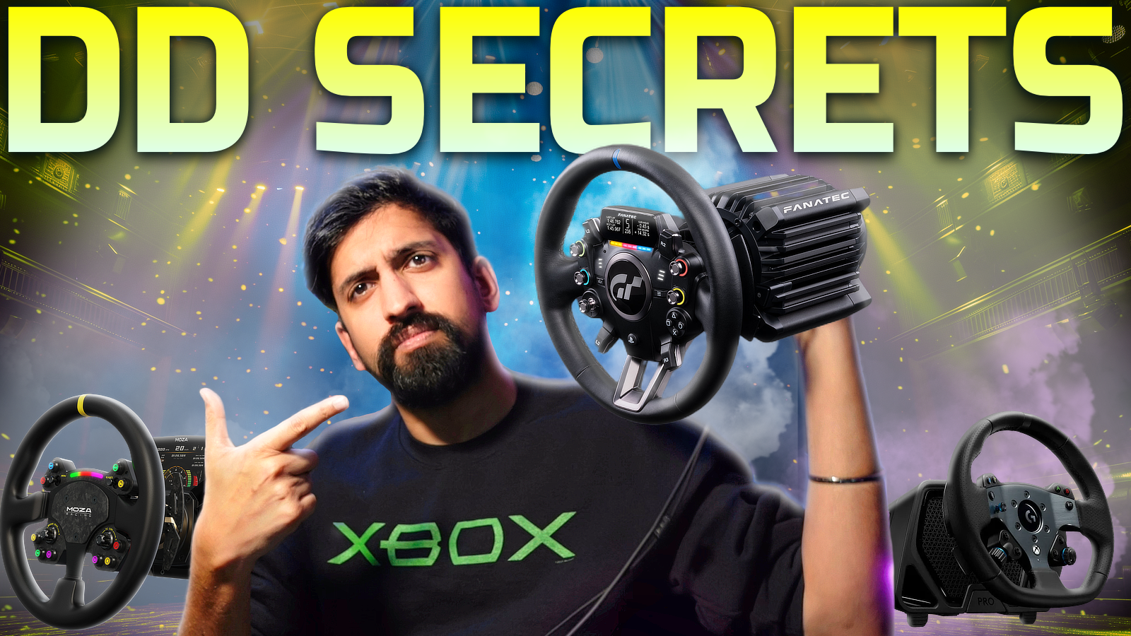 A man with dark hair and a beard wearing a black Xbox shirt, pointing to the side with his right hand. He holds a racing wheel controller with a long black carbon fiber-like base in his left hand. There are three racing wheels in the image, two on the left and right corners and one larger in front of him. The background shows colorful lights and a stage-like setting, with the text 'DD SECRETS' in large, glowing letters at the top.