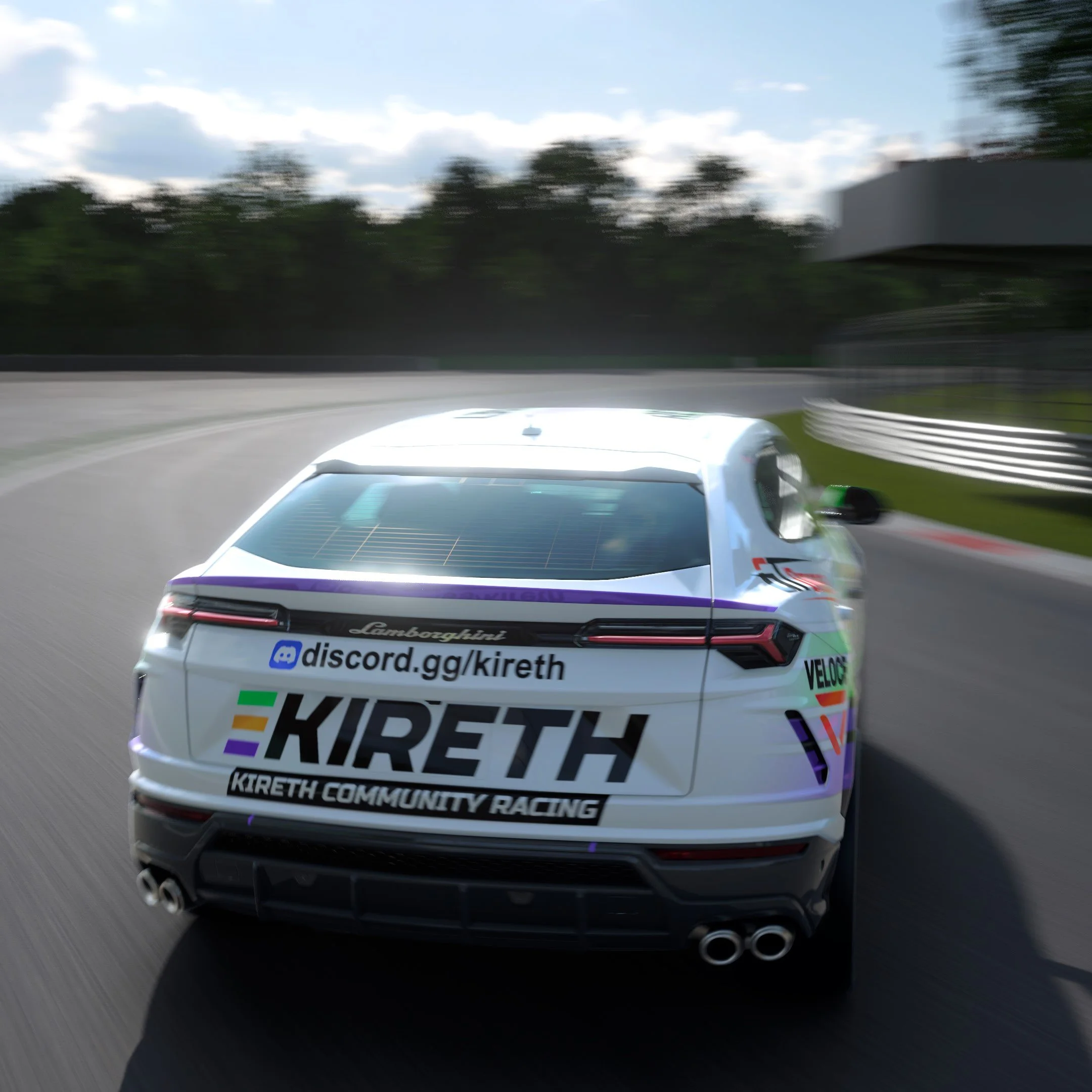 A white race car with sponsor branding driving on a race track during daytime, surrounded by greenery and a cloudy sky.