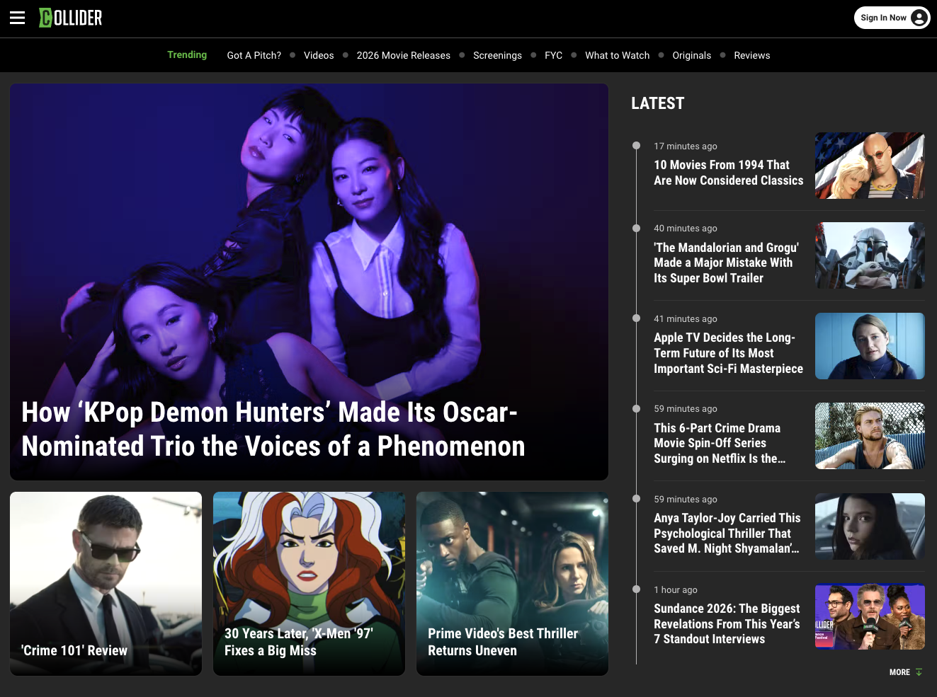 A webpage from Collider featuring an article titled "How 'KPop Demon Hunters' Made Its Oscar-Nominated Trio the Voices of a Phenomenon." The main image shows three women with dark hair, posing against a dark purple background. There are smaller articles and images on the side and below.