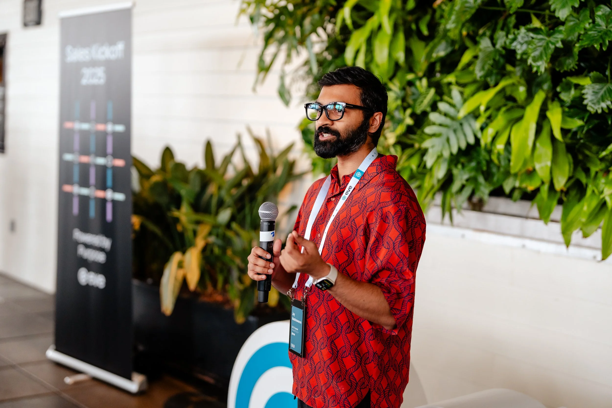 CEO and founder speaker photo of Jay Madheswaran from Eve Legal AI’s Sales Kickoff (SKO), bringing together leadership, sales, and operations for strategic planning and collaboration. The image captures the founder and CEO at their annual SKO event, 