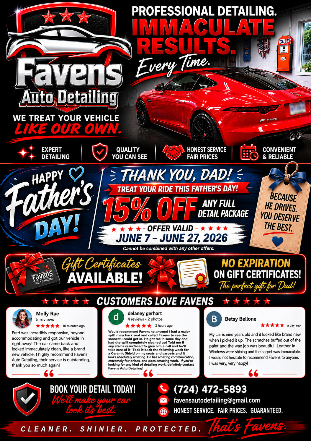 Promotional flyer for Favens Auto Detailing offering Father's Day discounts, gift certificates, and customer reviews, featuring a red sports car and various service icons.