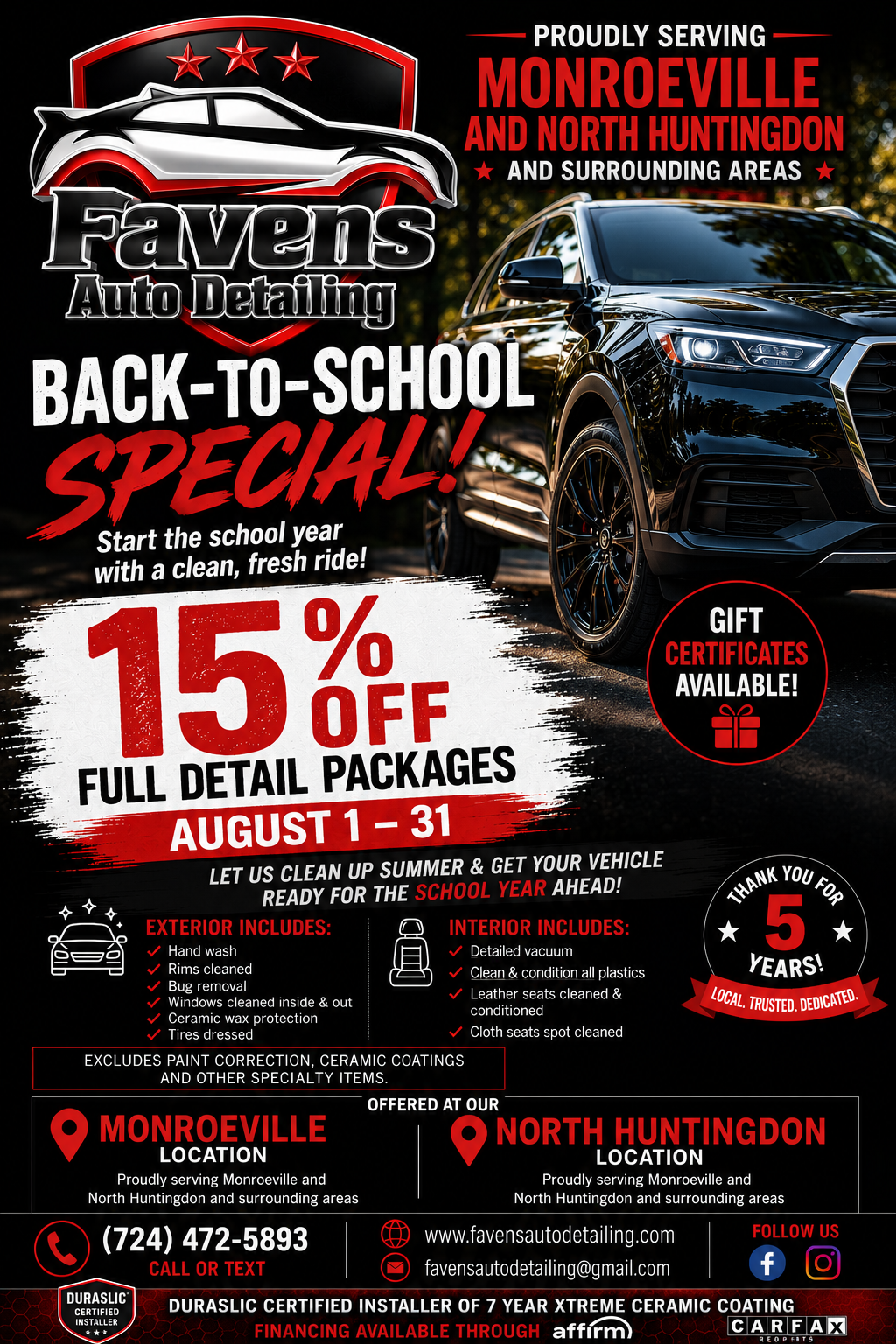 A promotional flyer for Favens Auto Detailing advertising a back-to-school special with 15% off full detail packages from August 1 to 31. The flyer features a black car outdoors, a logo with a stylized car and three red stars, and details about the offer, including services offered and locations in Monroeville and North Huntingdon.