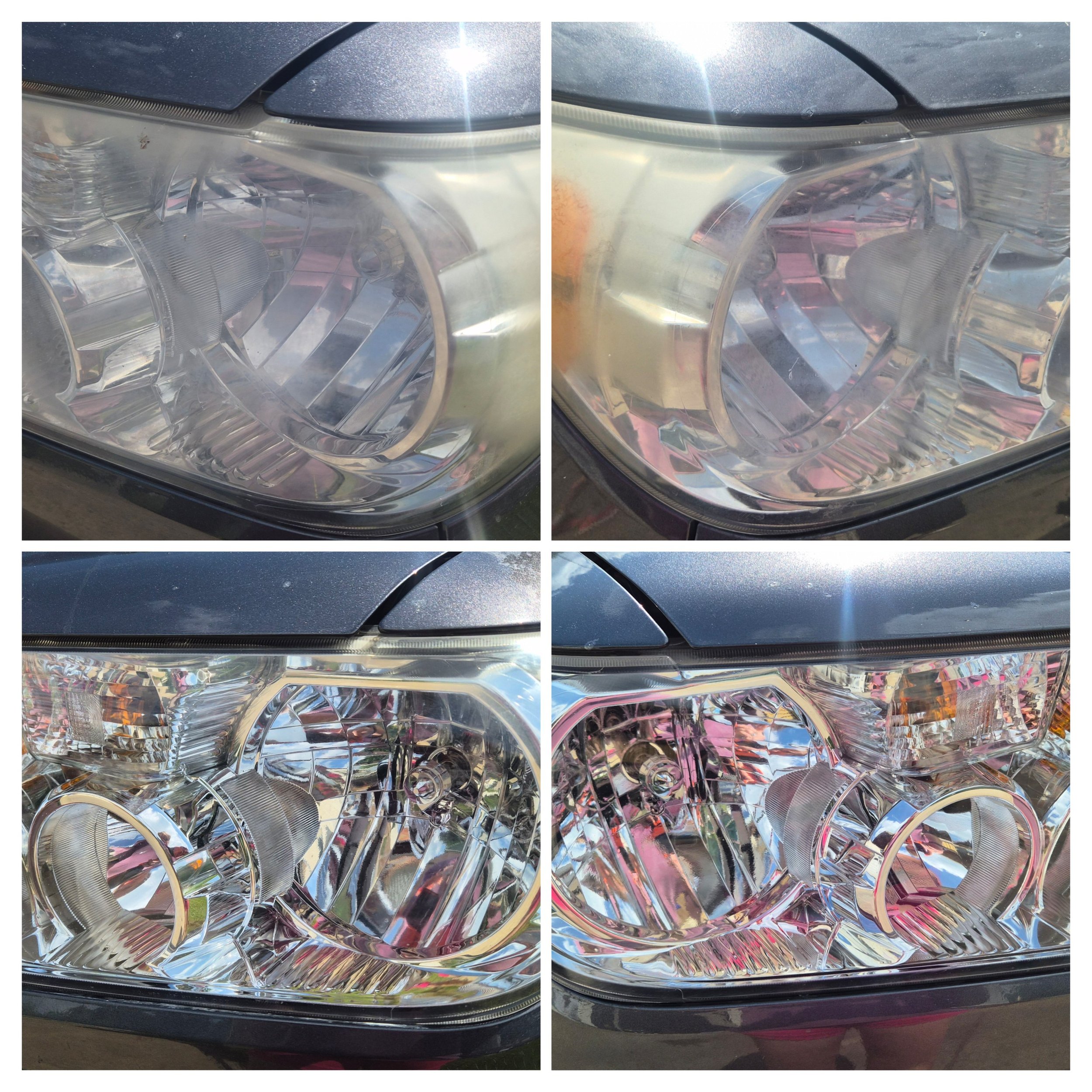 Close-up of a car headlight with reflections and minor dirt or damage on the lens.