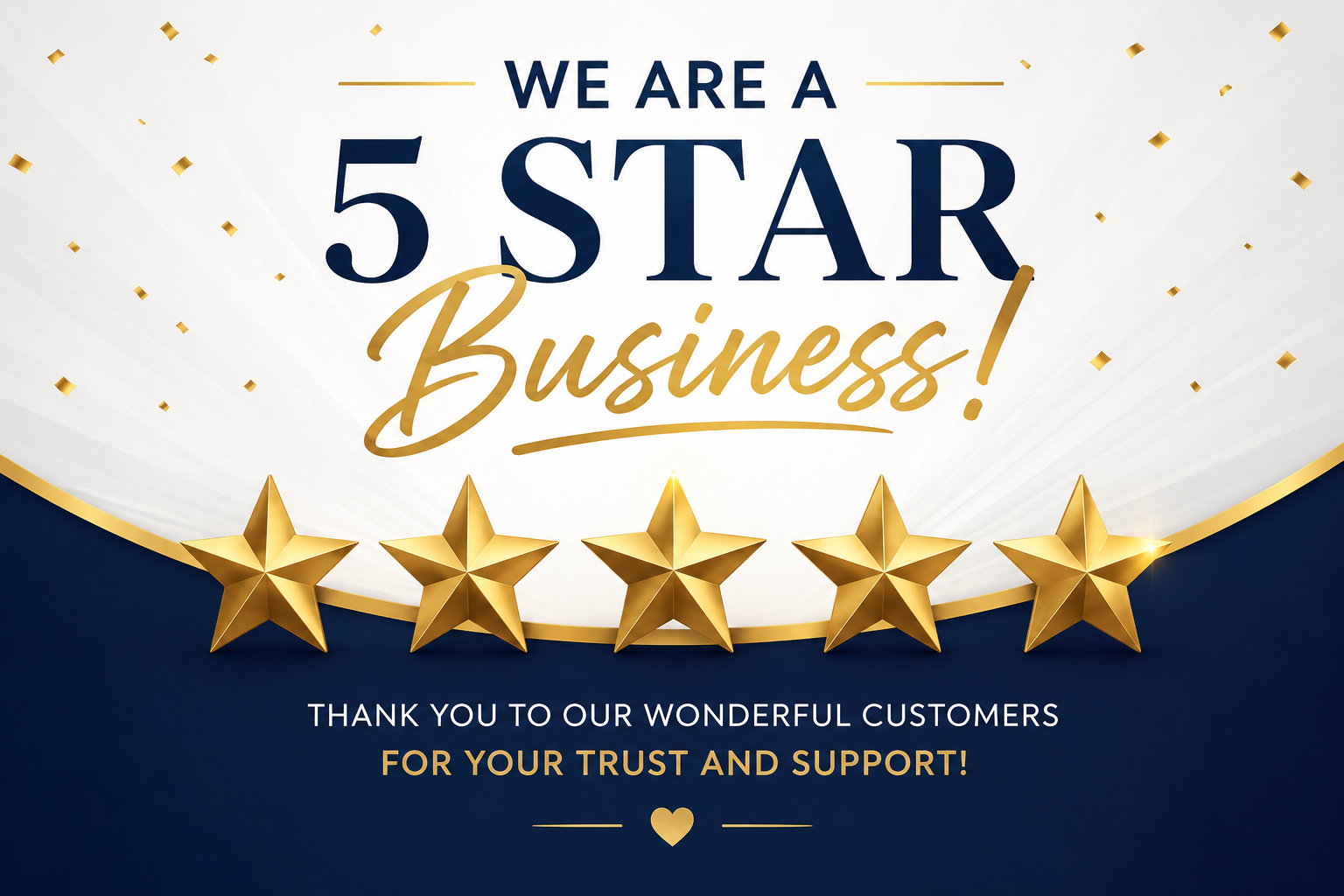 Celebratory graphic with five gold stars, text expressing gratitude for a five-star business, and message thanking customers for their trust and support.