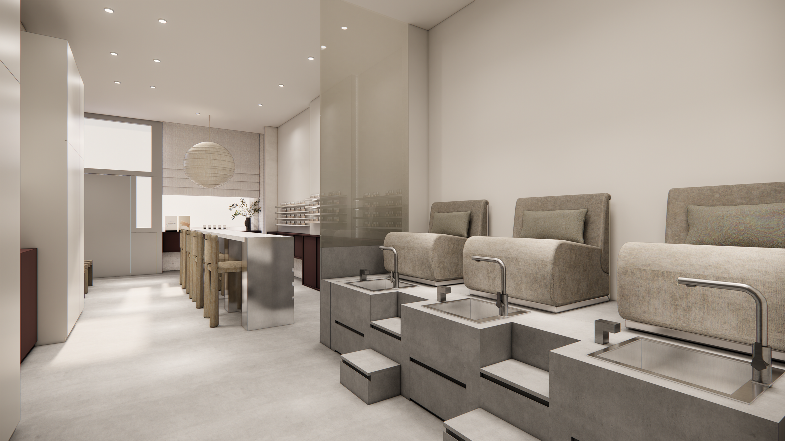 A 3D render of Mellow Bar Nail Salon's pedicure stations in their new NoHo location.
