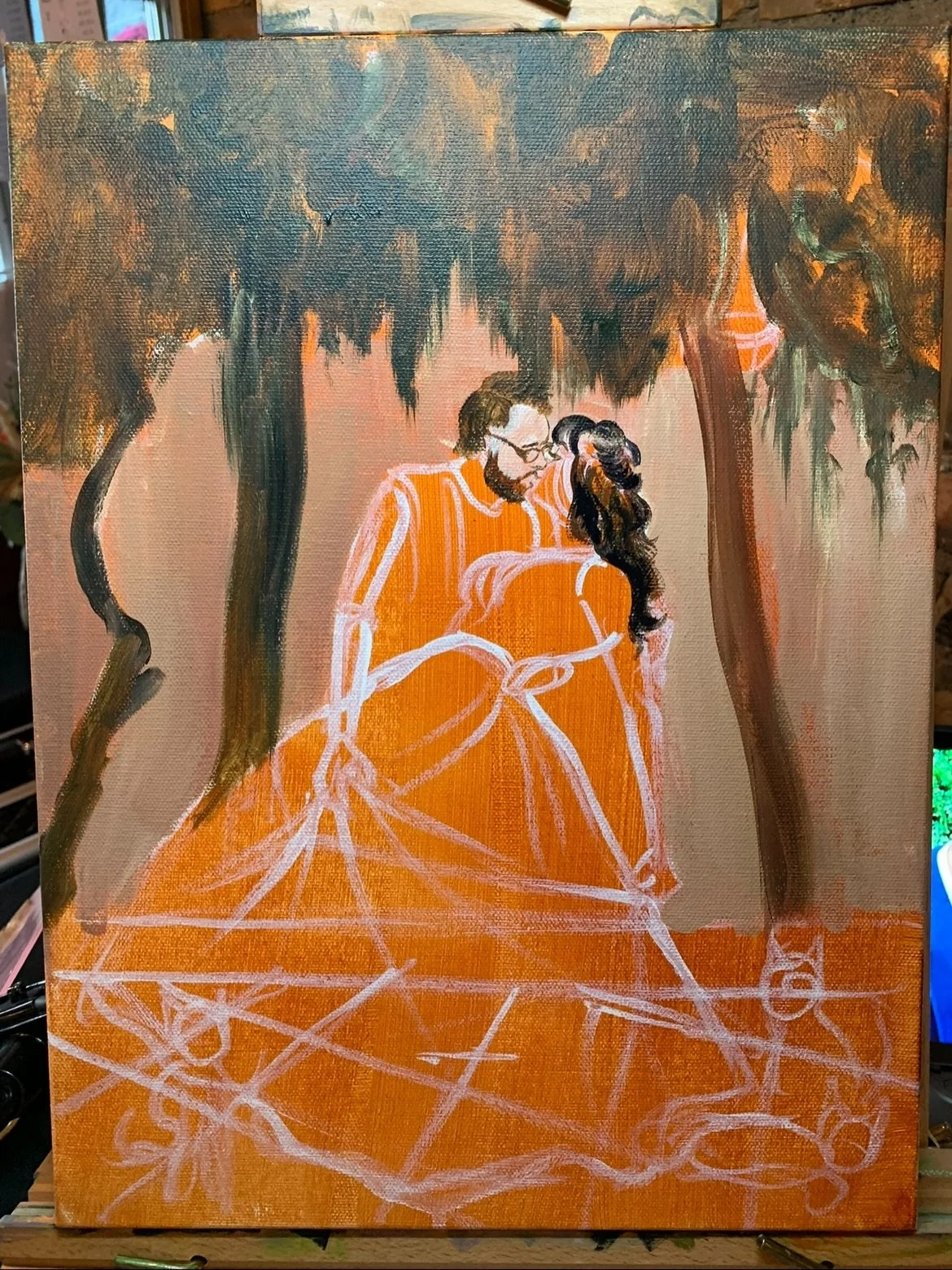 Some progress photos of my most recent live wedding painting. From blank canvas (primed with gesso and then a base layer of color for mid tone), sketch, then blocking in background and starting the most important- the lovely couple&rsquo;s faces. 

I