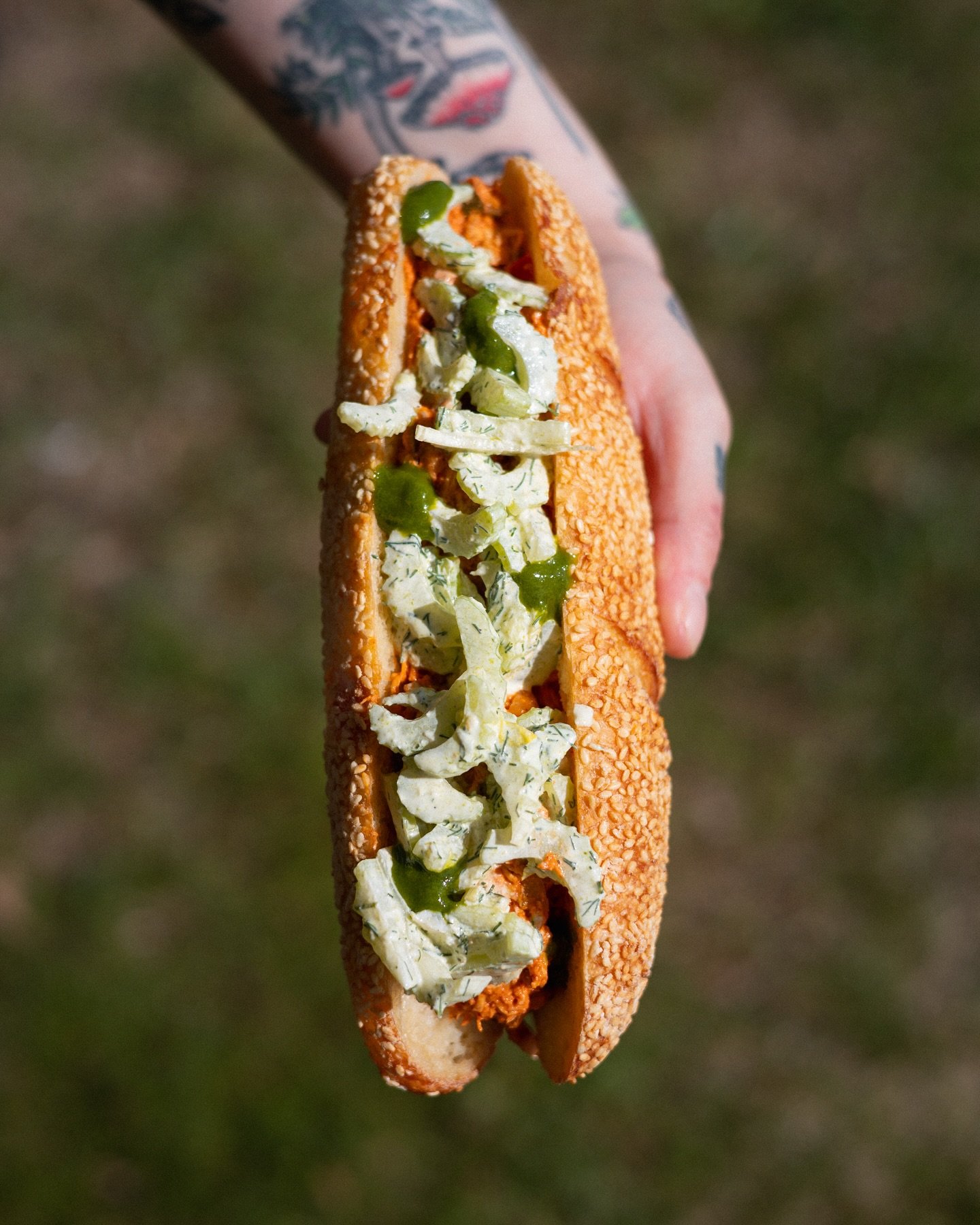 chicken paprikash salad sandwiches, with creamy celery slaw and herb oil

new on the menu, bring your anya