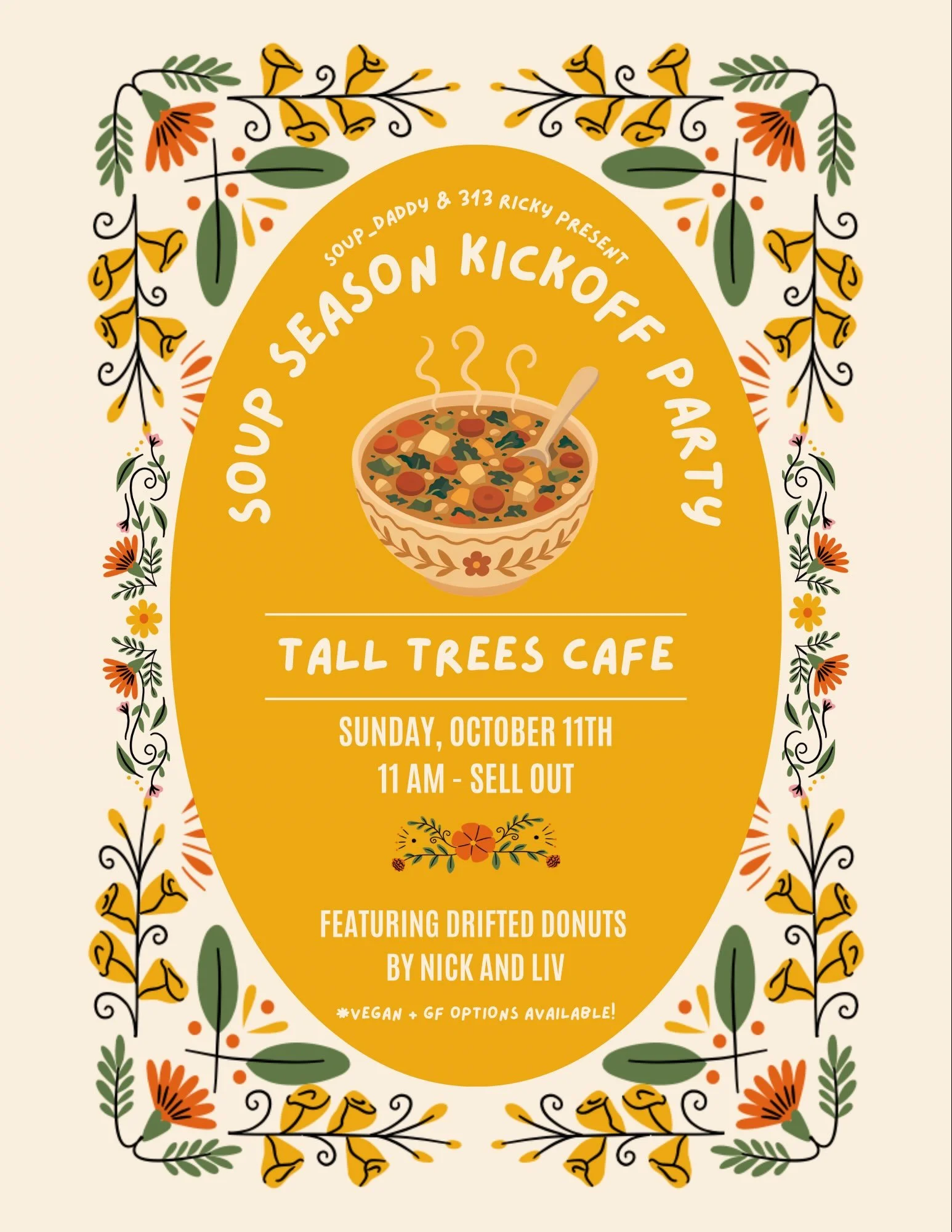 sunday sunday sunday !!!

soup! donuts! hot cider! 

a major seasonal celebration hosted by @_soupdaddy_ @313ricky @paigemski @liv.carlson28 @nickszyd 

11-2 or until it&rsquo;s all gone
817 livernois ferndale 🎃