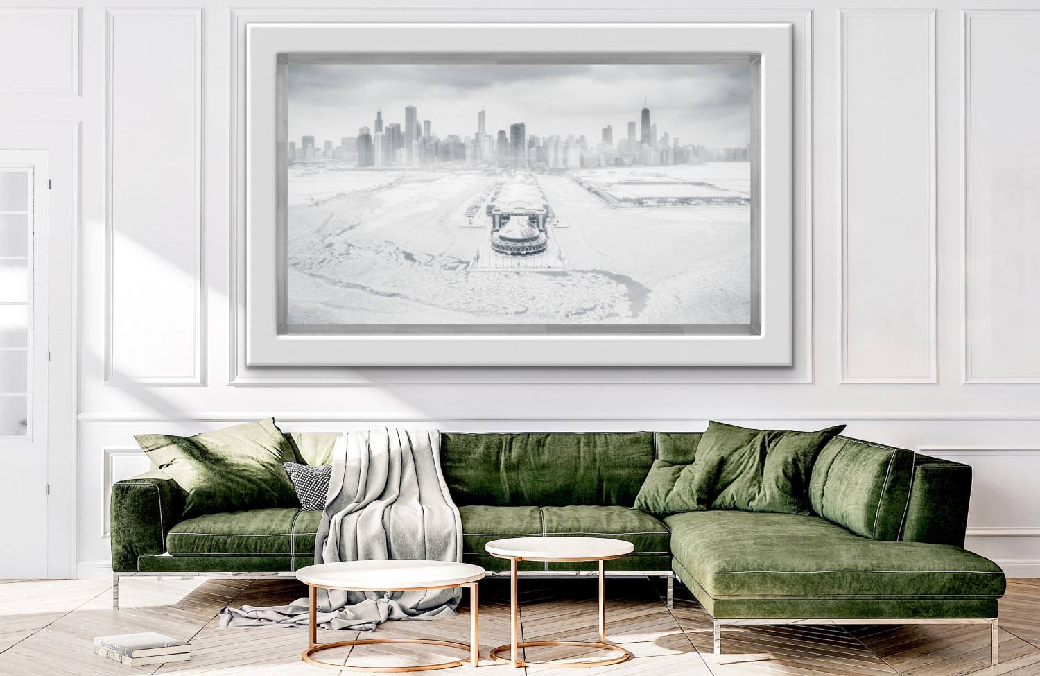 Ethereal winter scene of Chicago with icy Lake Michigan and snow-covered Navy Pier against a misty skyline.