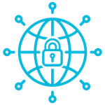 A globe with interconnected nodes and a padlock in the center, symbolizing global cybersecurity or data protection.