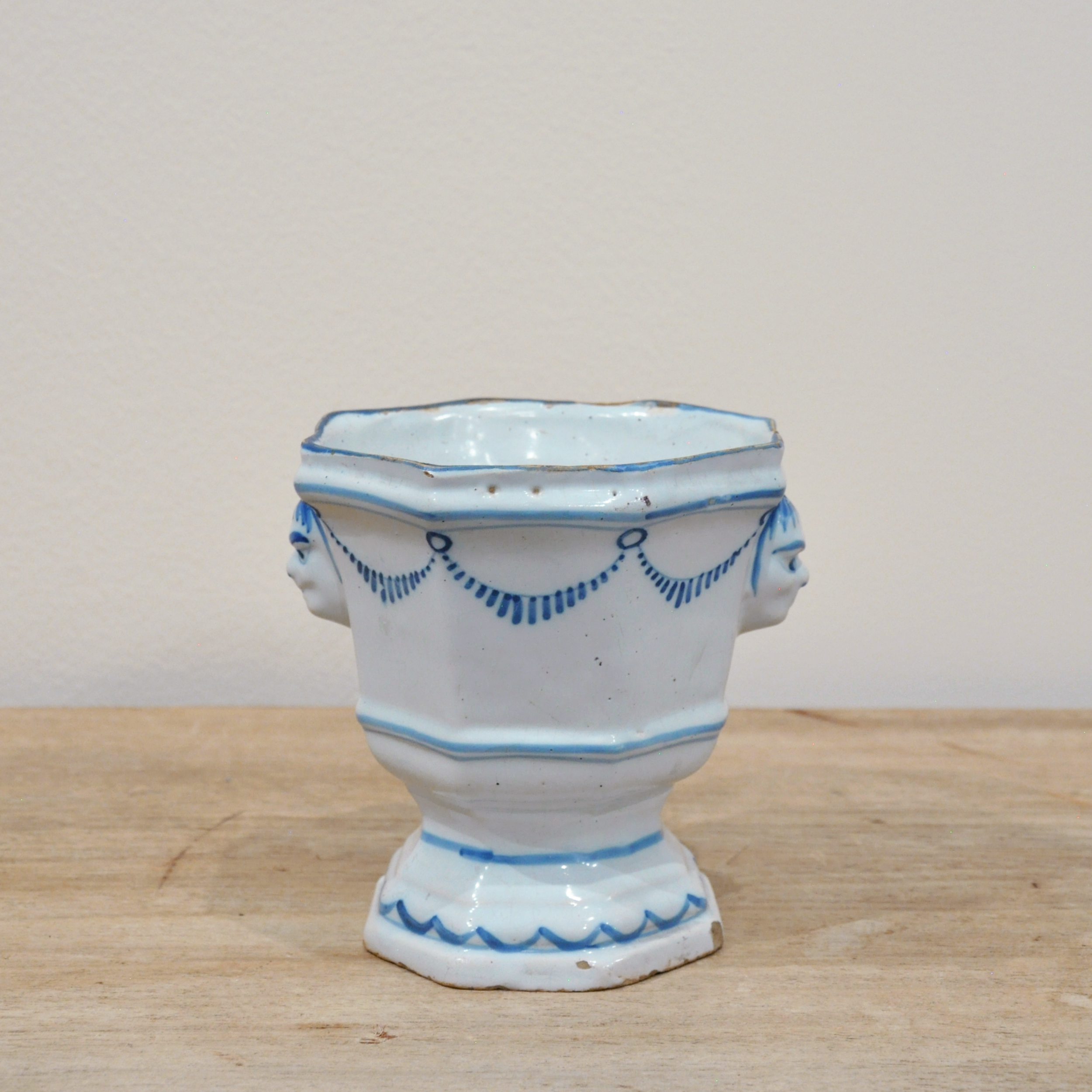 18th Century Nevers Faience Petite Urn with Faces