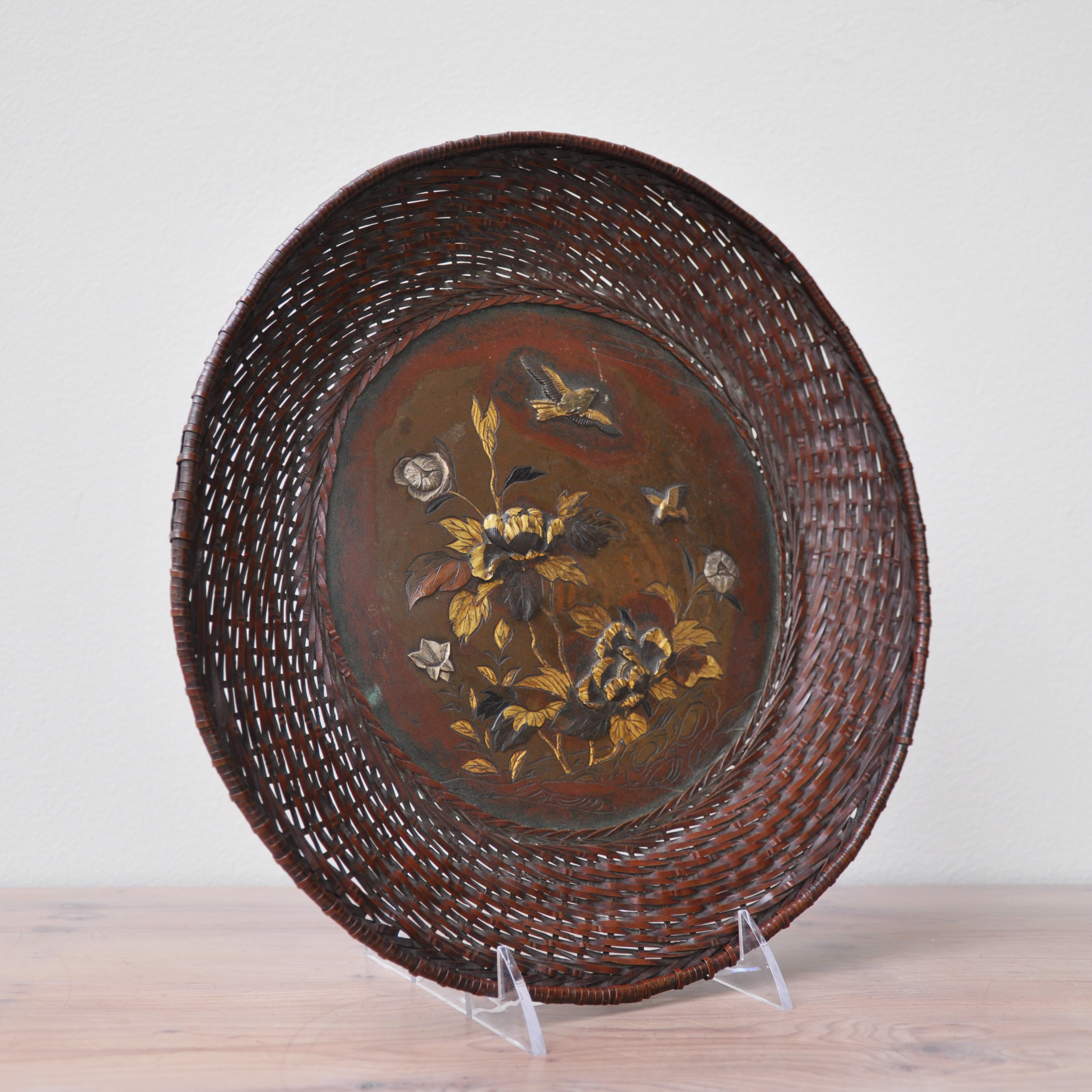 Japanese Meiji Period Bronze Charger with Woven Edge and Silver and Gold Decoration, Circa 1860