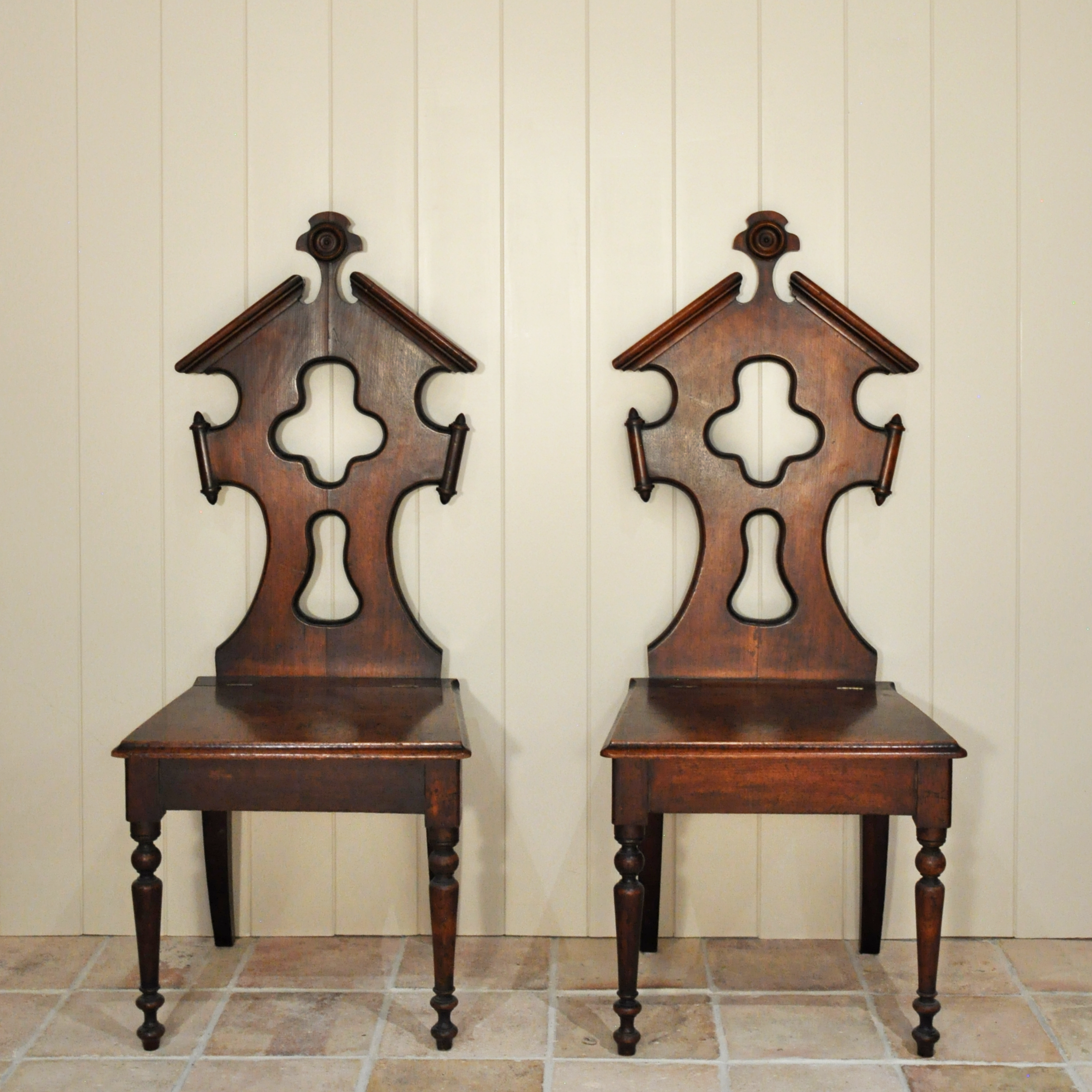 Victorian Gothic Revival Carved Mahogany Side Chairs with Storage Seats