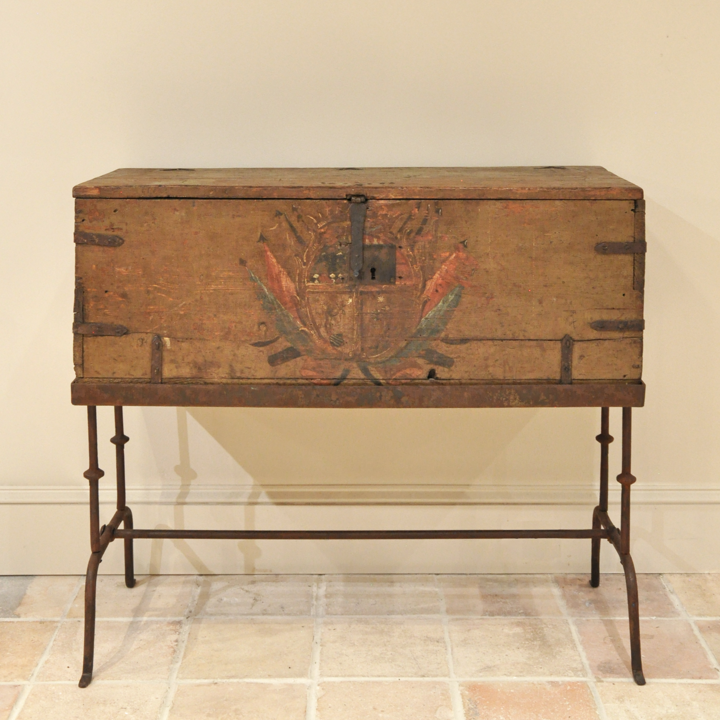 17th Century Italian Walnut Painted Trunk from Sicily on a Contemporary Hand-Forged Iron