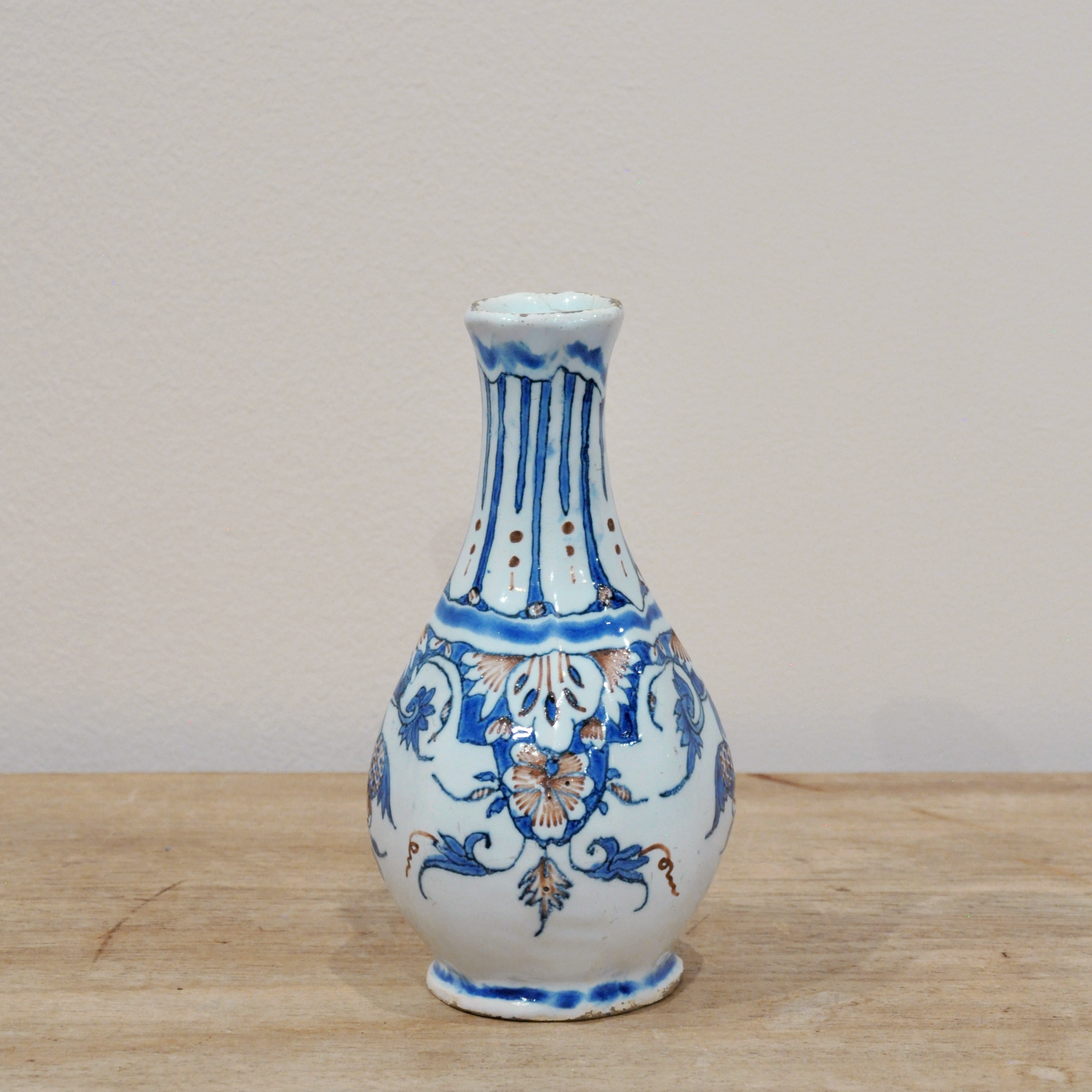 18th Century Blue, White, and Manganese Rouen Faience Bottle Vase