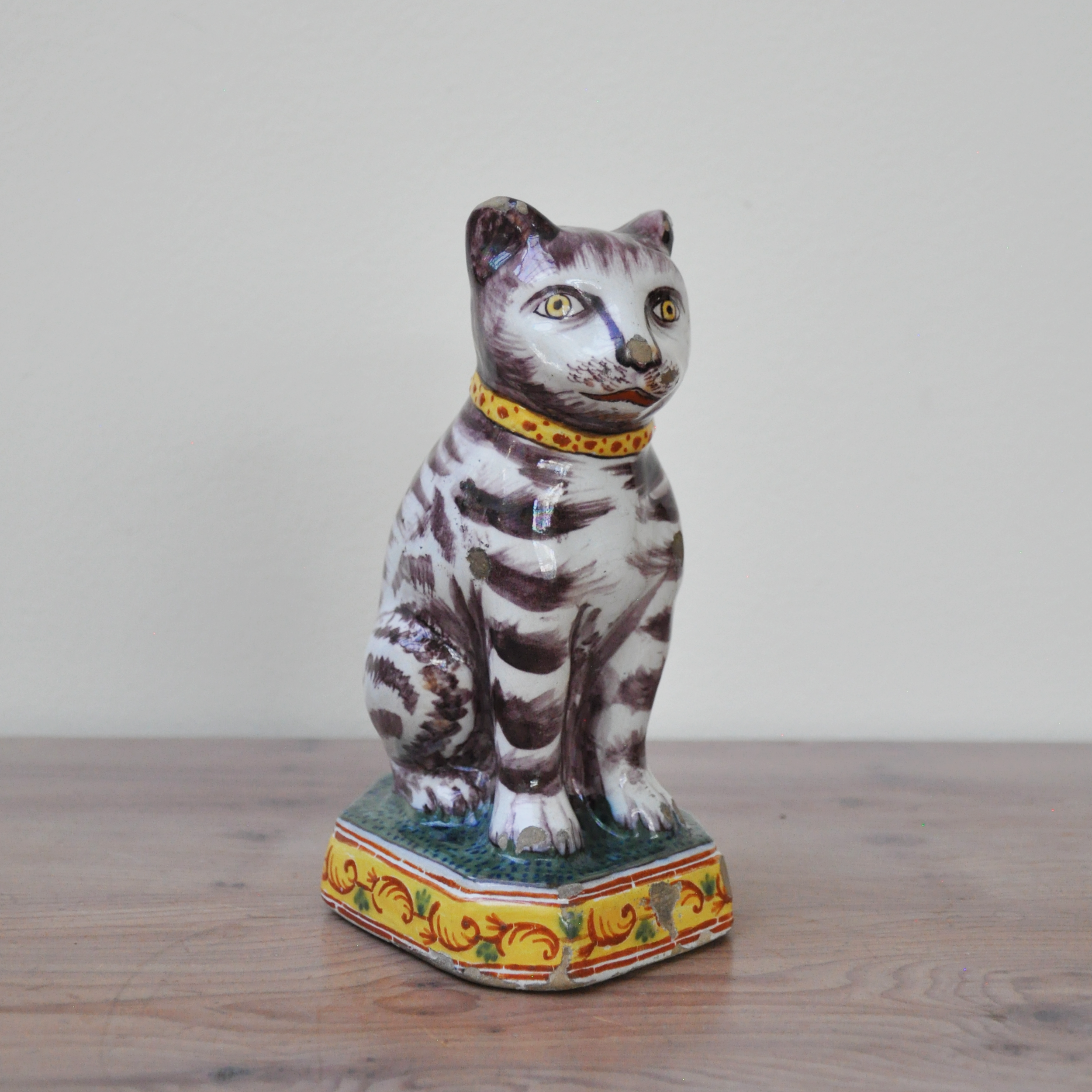 19th Century Dutch Delft Seated Cat Figure on a Canted Base