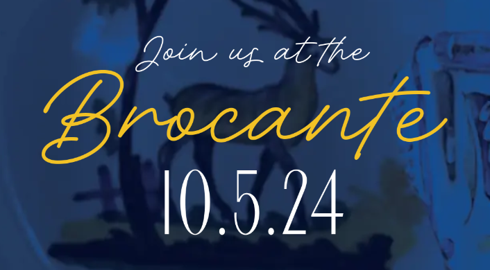 Invitation to "Brocante" event on October 5, 2024, with artistic background.