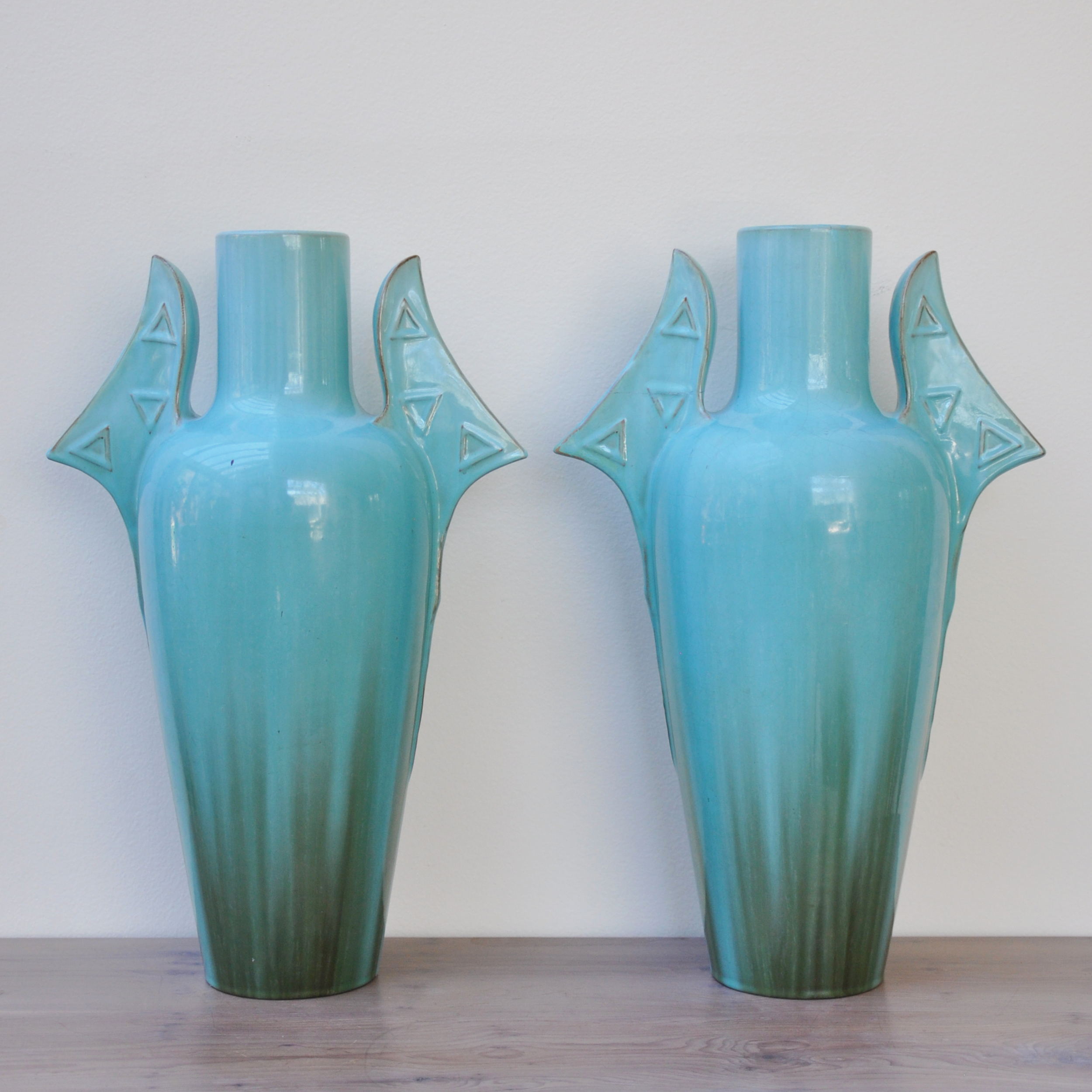 Pair of Clement Massier Alhambra Form Vases with Turquoise Glaze, Circa 1900-1910