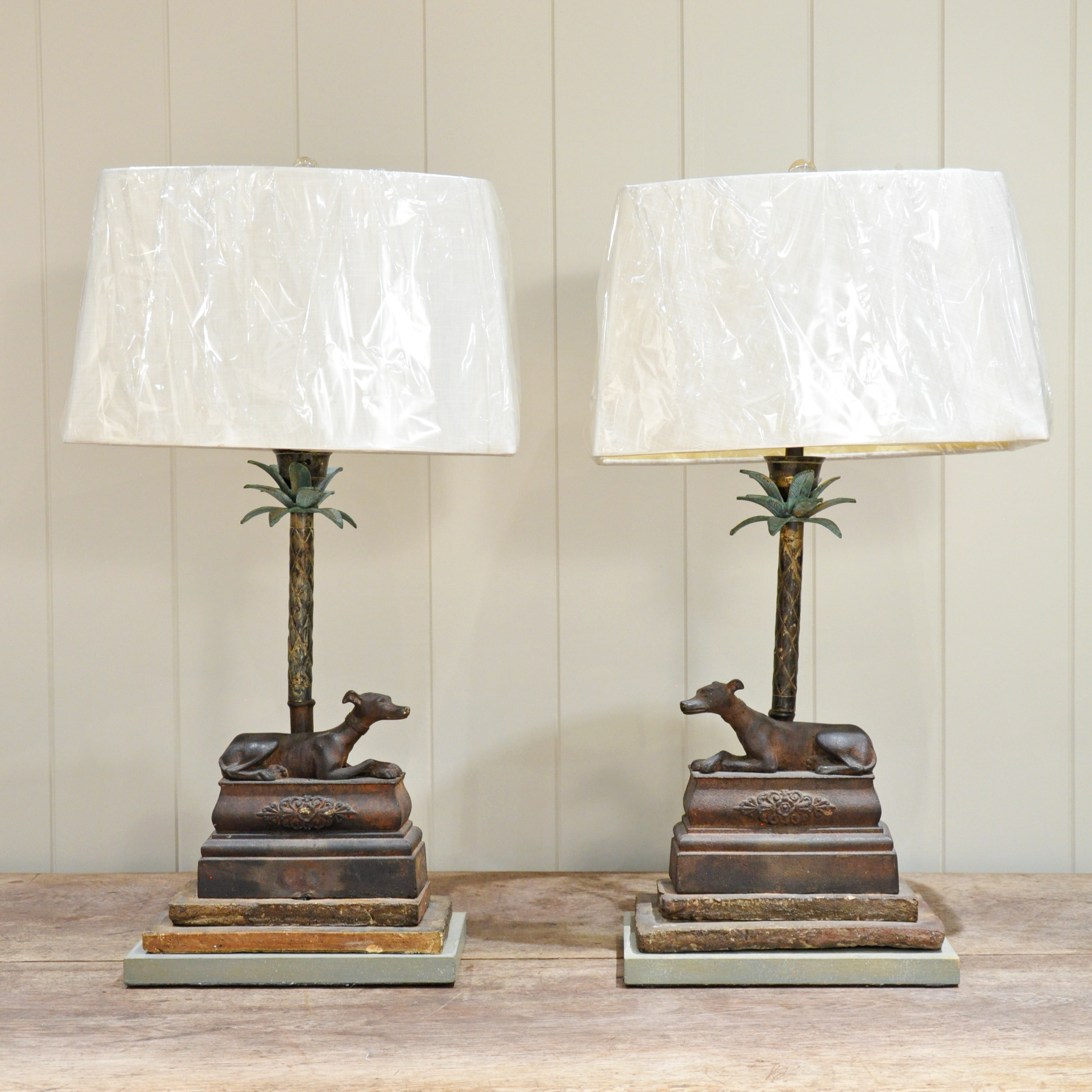 French 1920s Greyhound Palm Tree Lamps