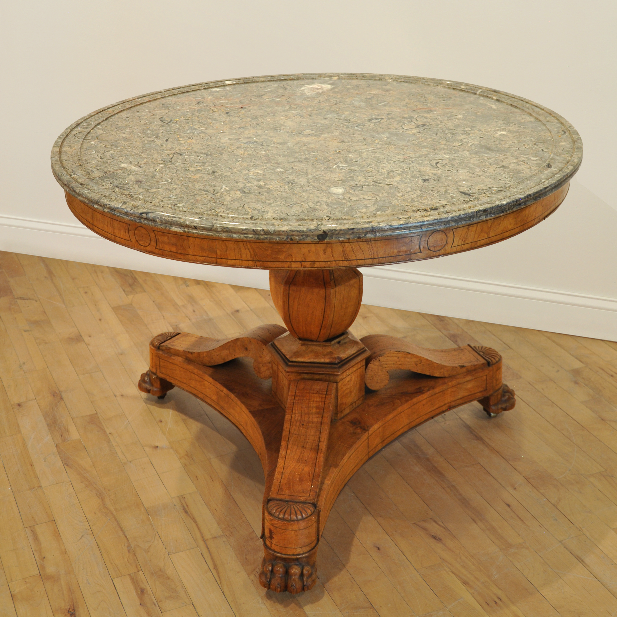 Swedish Neoclassical Carved Karelian Birch Round Center Table with Original Fossilized Stone Top
