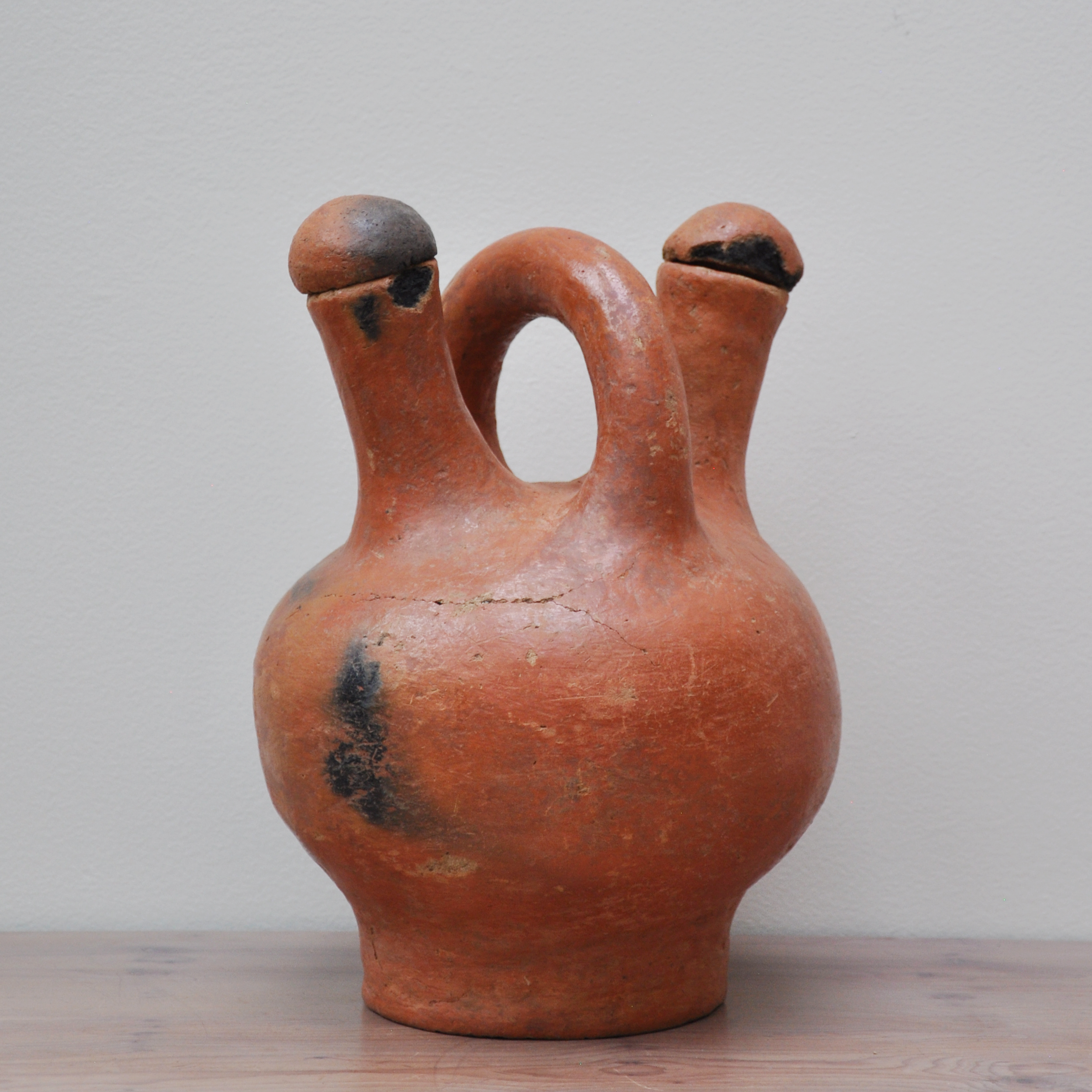 18th Century Spanish Terracotta Water Jug with Handle and Dual Lidded Spouts
