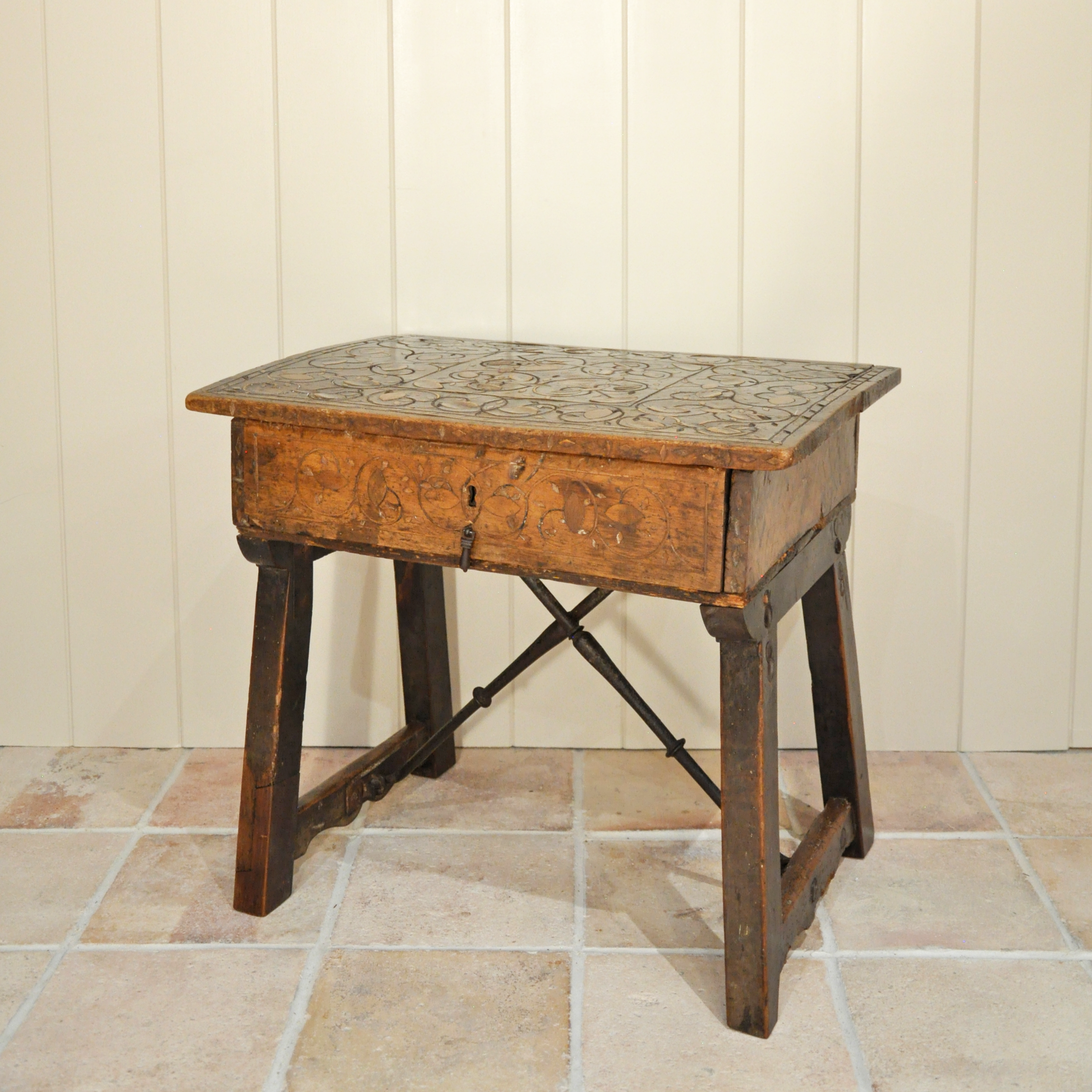 17th Century Catalan Table with Exquisite Inlaid Wood Top