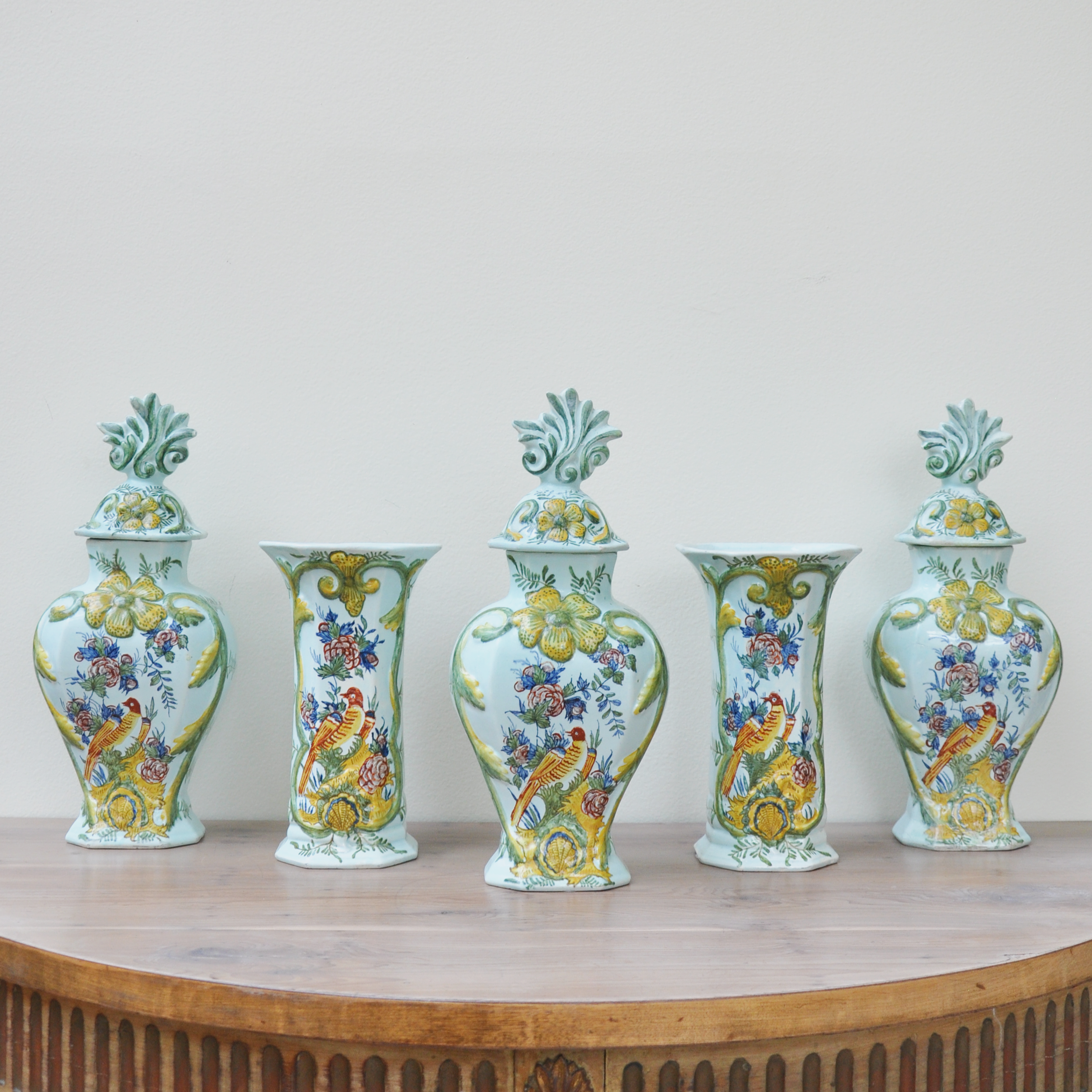 18th Century 5-Piece Dutch Delft Garniture Set with Unusual Celadon Glaze