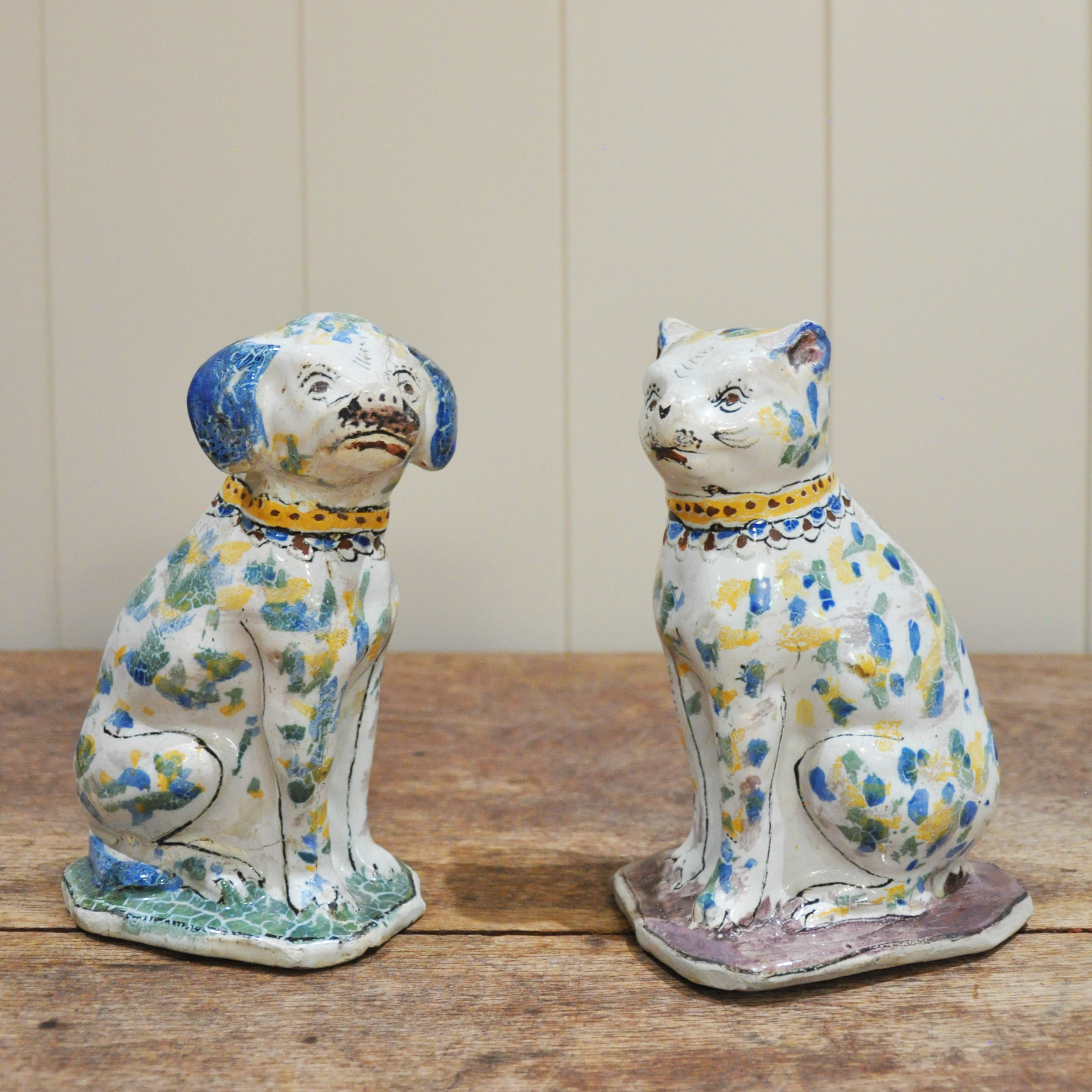 Pair of Continental Faience Seated Cat & Dog Figures, Circa 1880