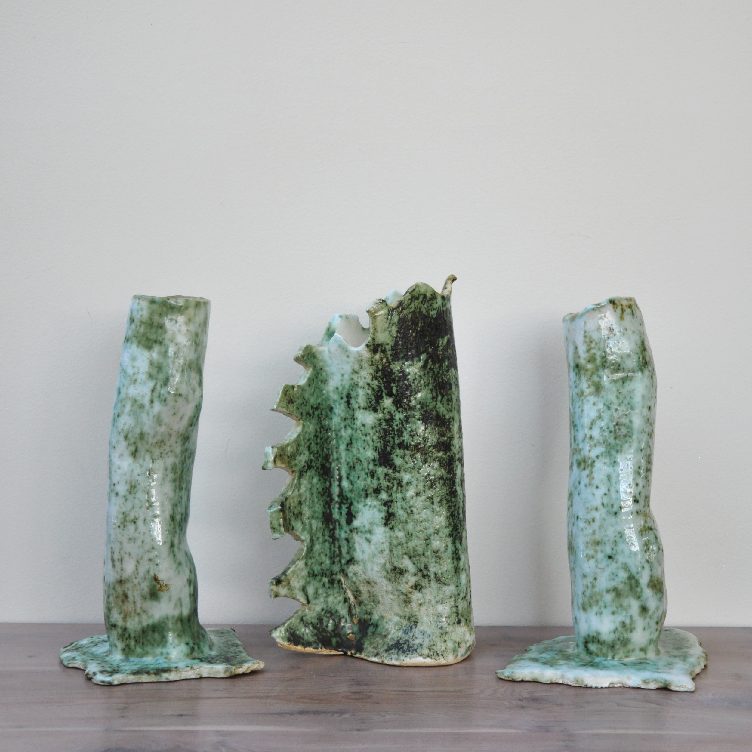 Trio of Ceramic Free Form Vessels with Molted Green Glaze