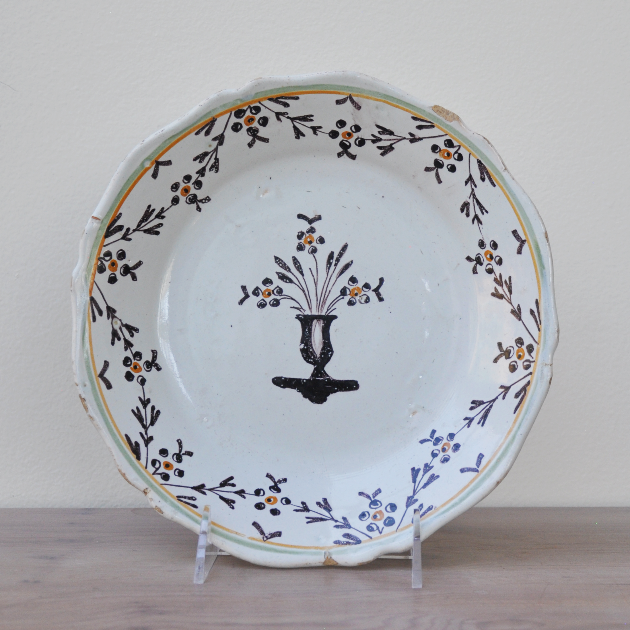 French Faience Plate with Black Flower Vase and Floral Swags